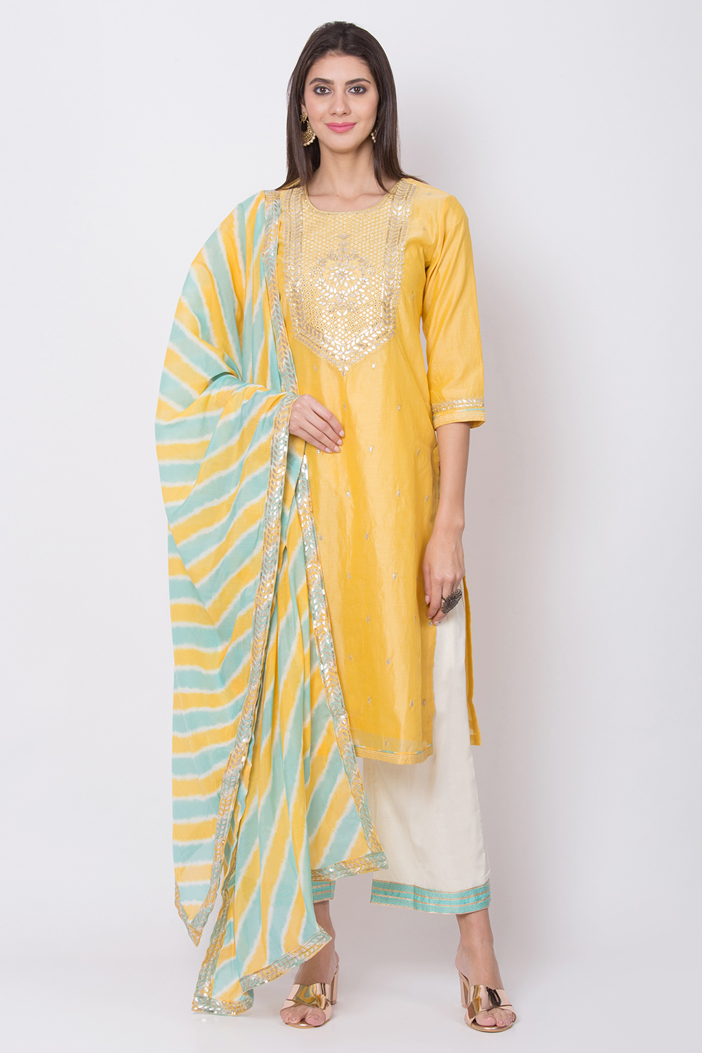 Yellow Art Silk Straight Kurta Palazzo Suit Set image number 3