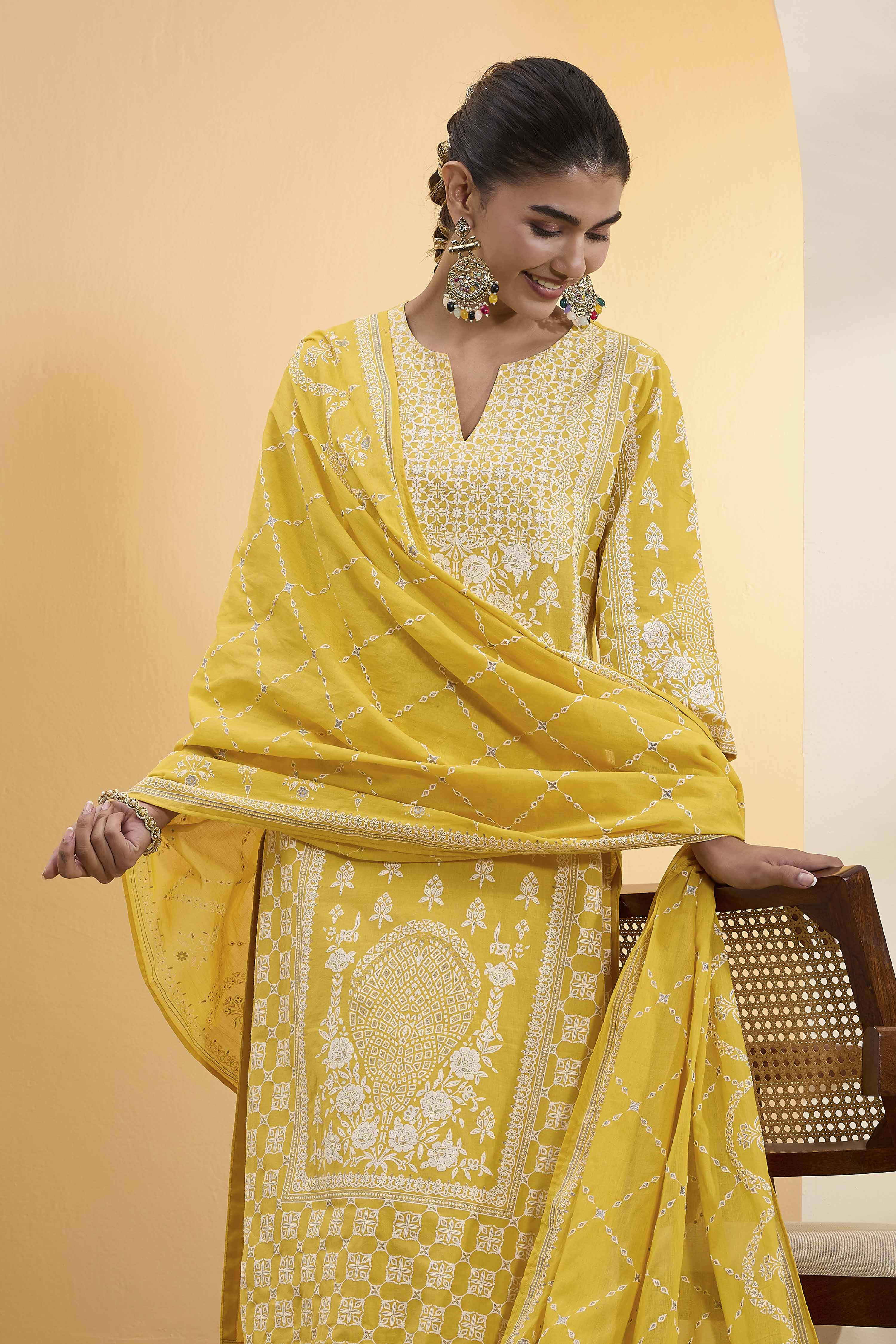 Yellow Silk Chanderi Printed Straight Kurta Set image number 1