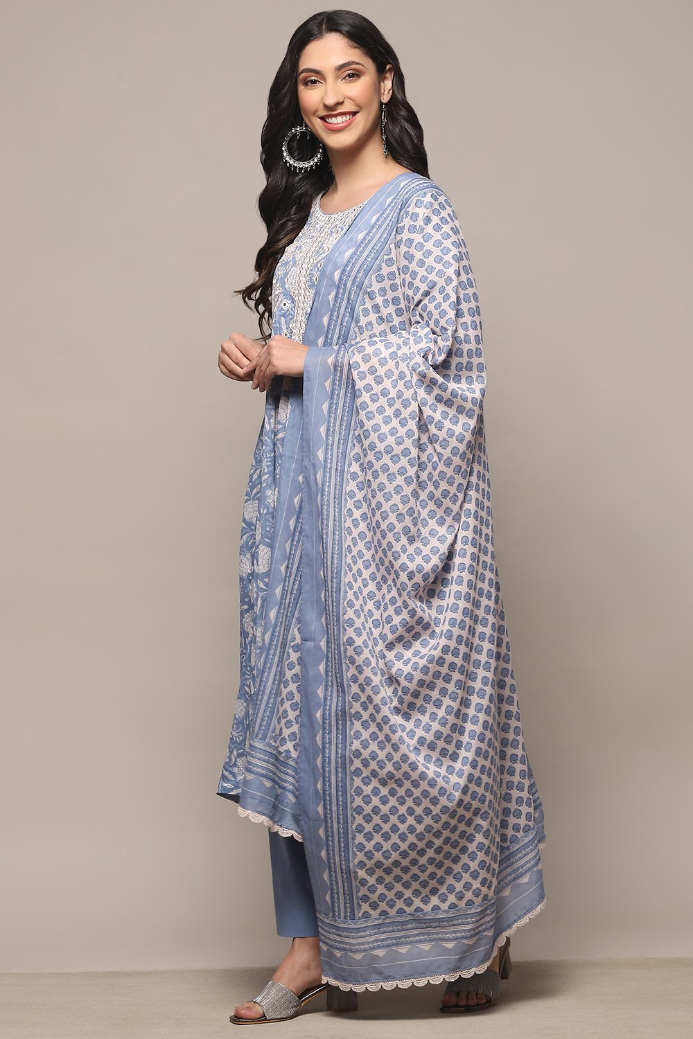 Powder Blue Cotton Anarkali Suit Set image number 4