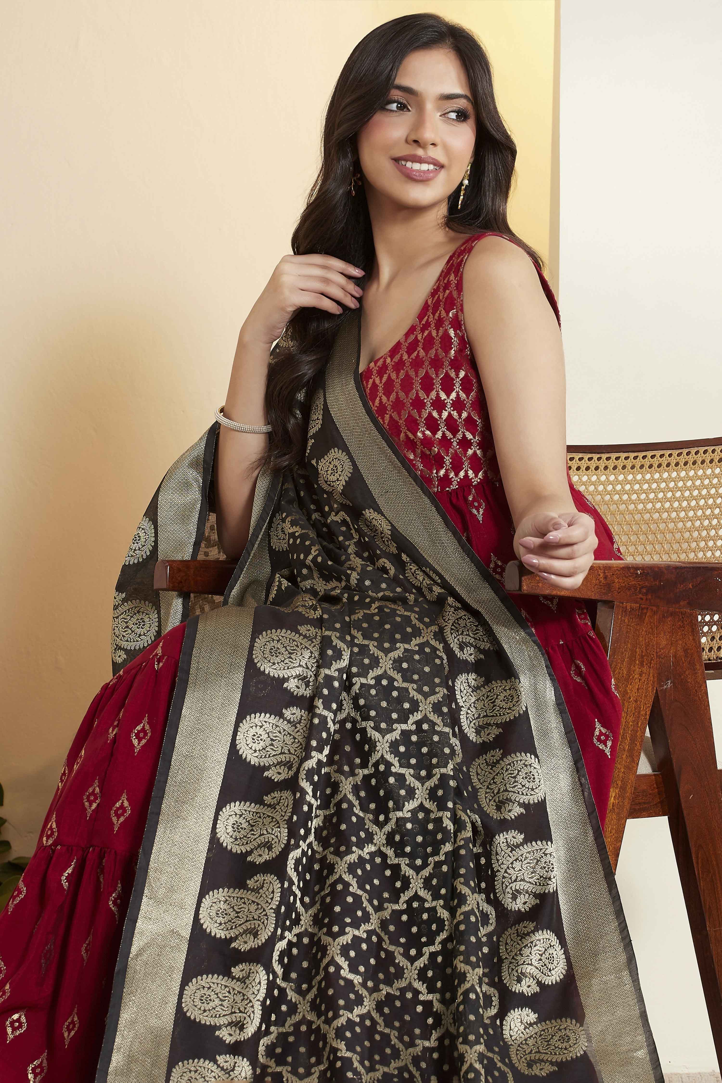 Black Poly Woven Design Dupatta image number 1