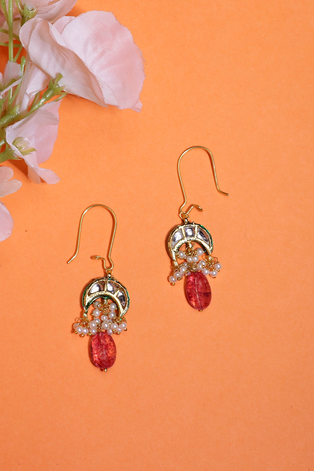 Kundan and enamel pink and blue earrings image number 2
