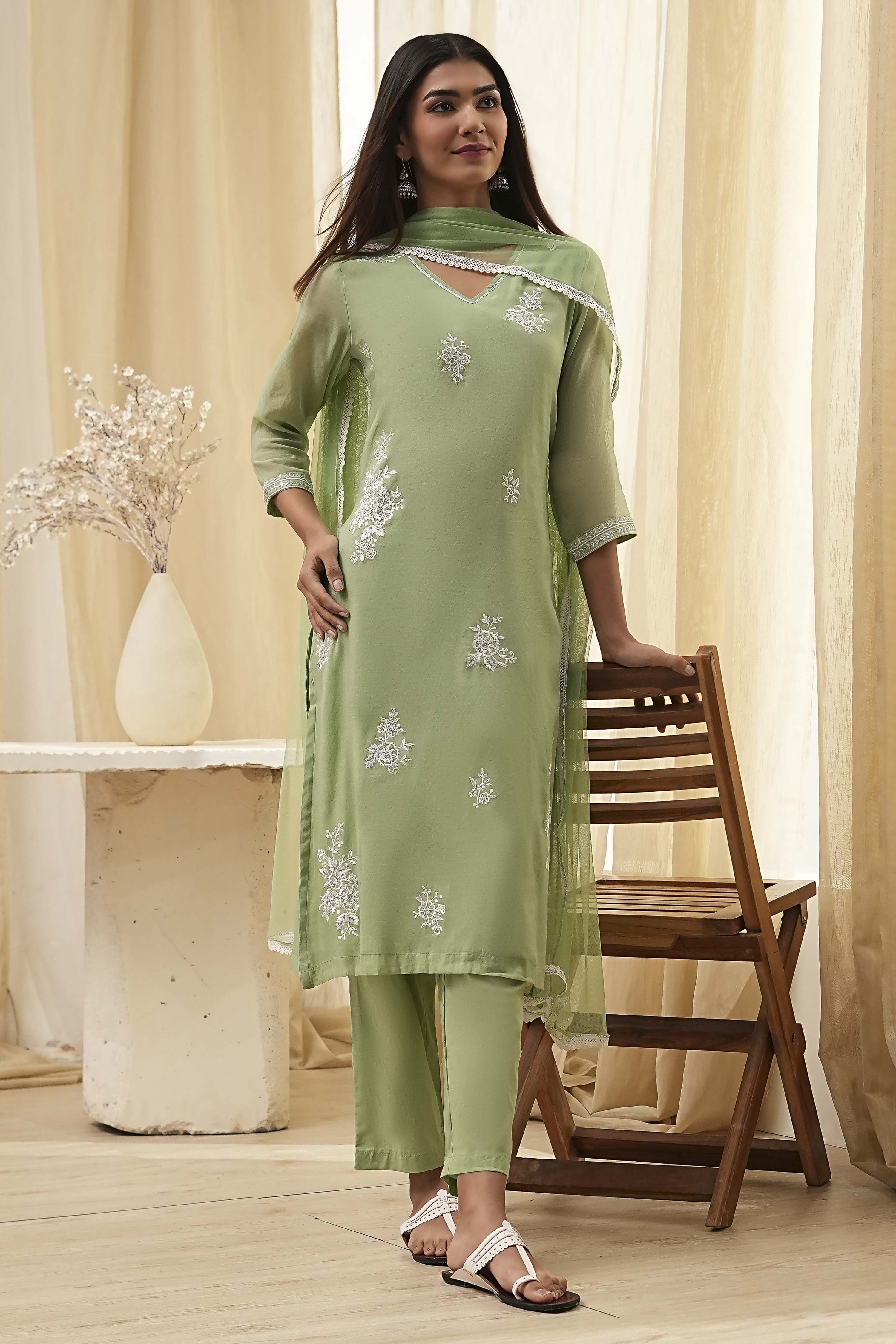Aqua Embroidered Straight Suit Set image number 0