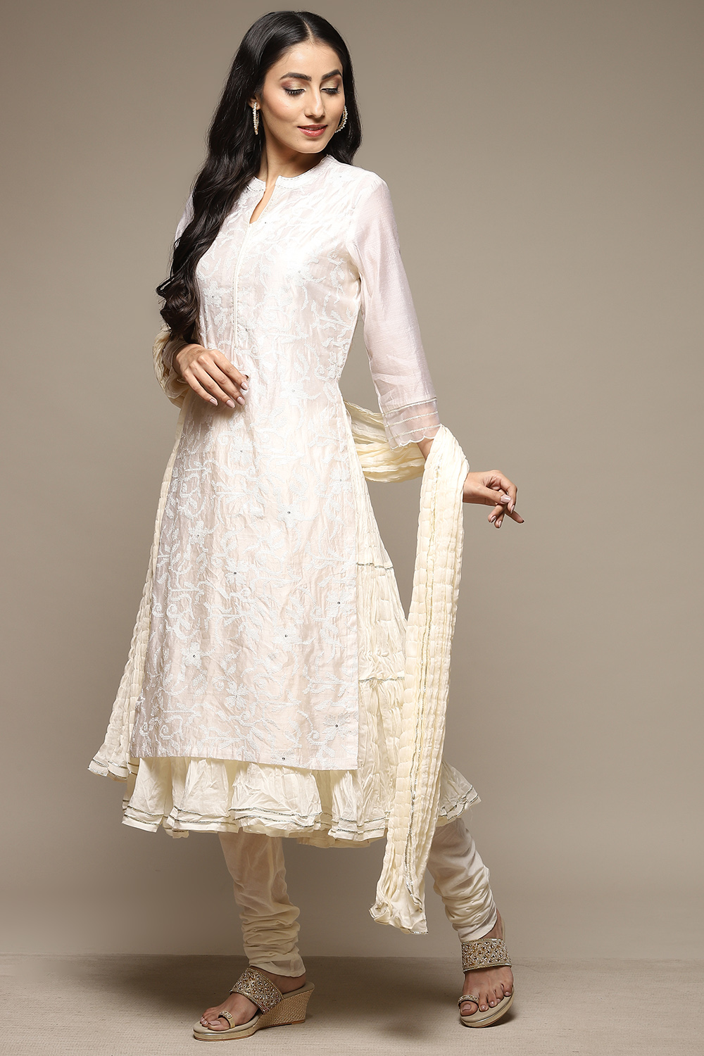 Off White Cotton Blend Layered Kurta Churidar Suit Set image number 0