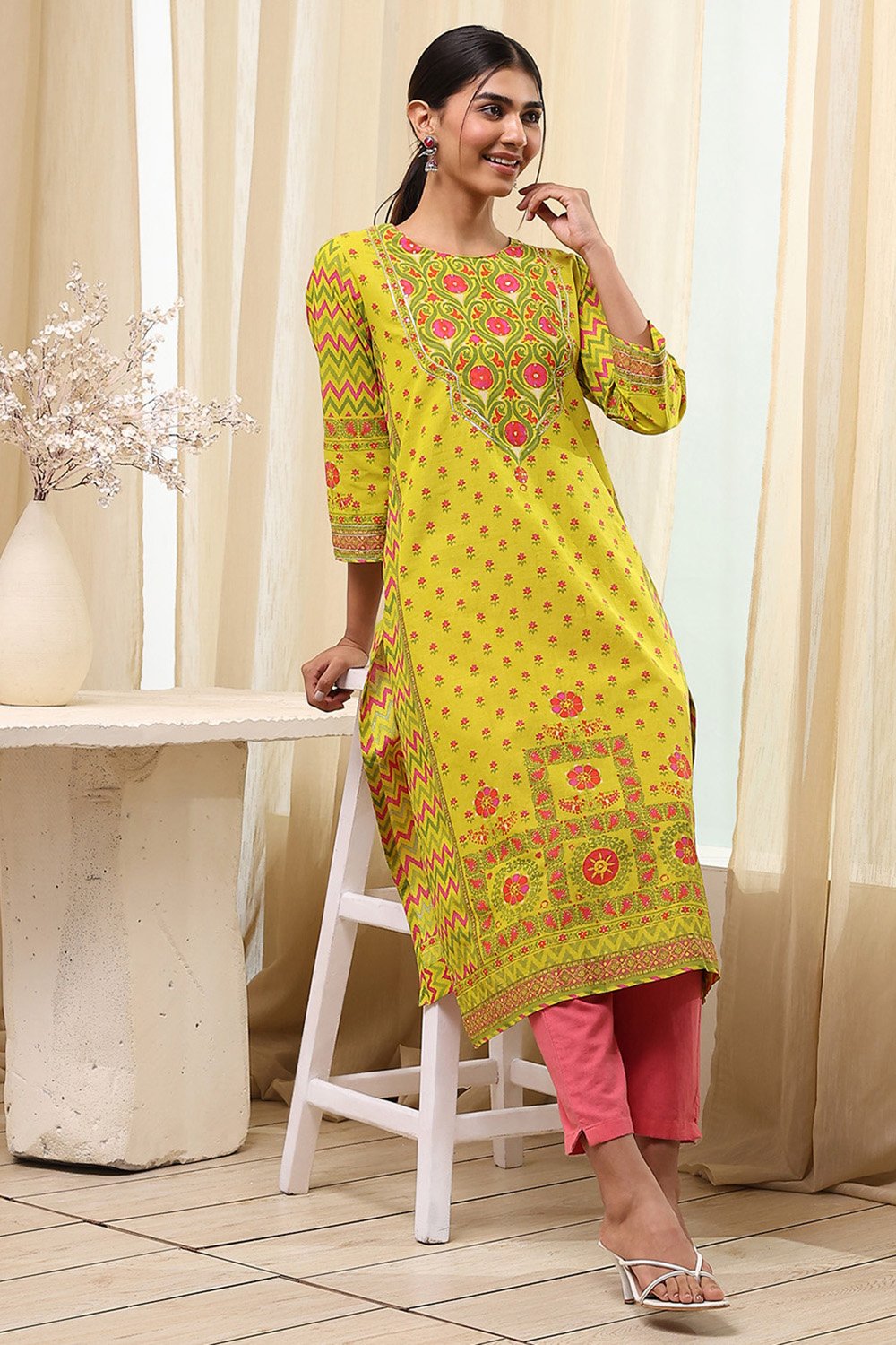 Green Cotton Straight Printed Kurta image number 0