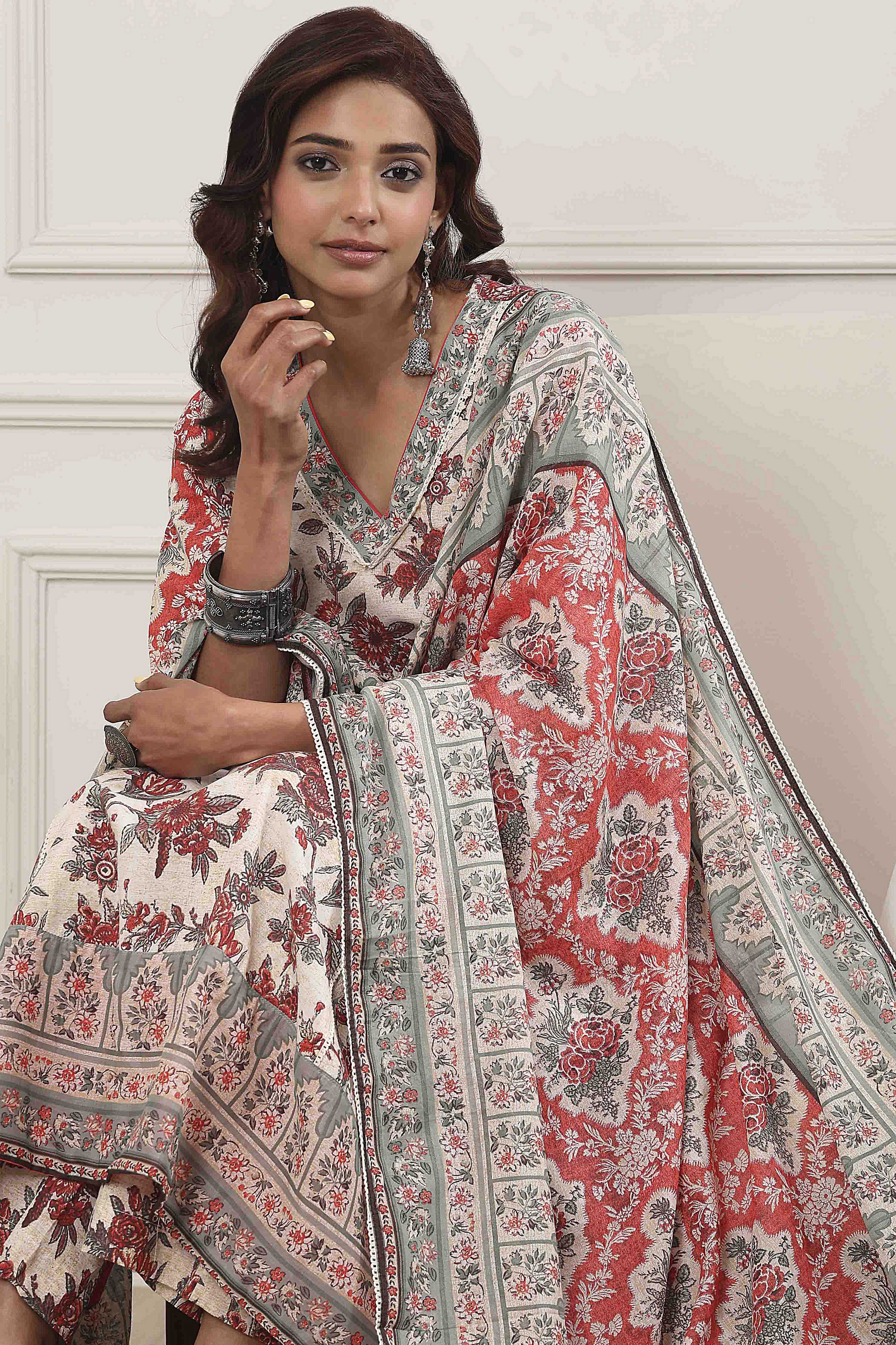 Grey-Red Cotton Anarkali Printed Suit Set image number 6