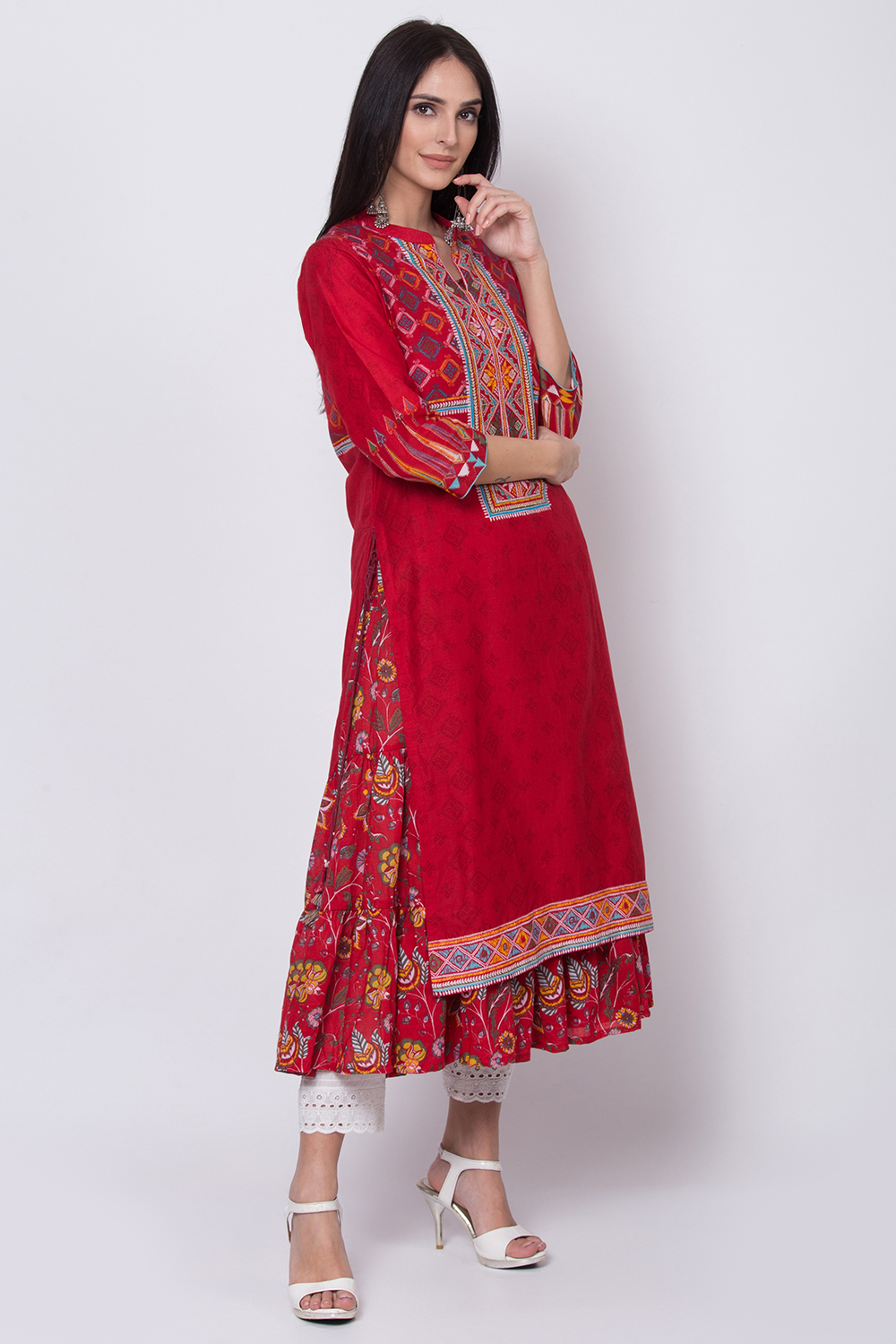 Red Cotton A-Line Printed Kurta image number 4