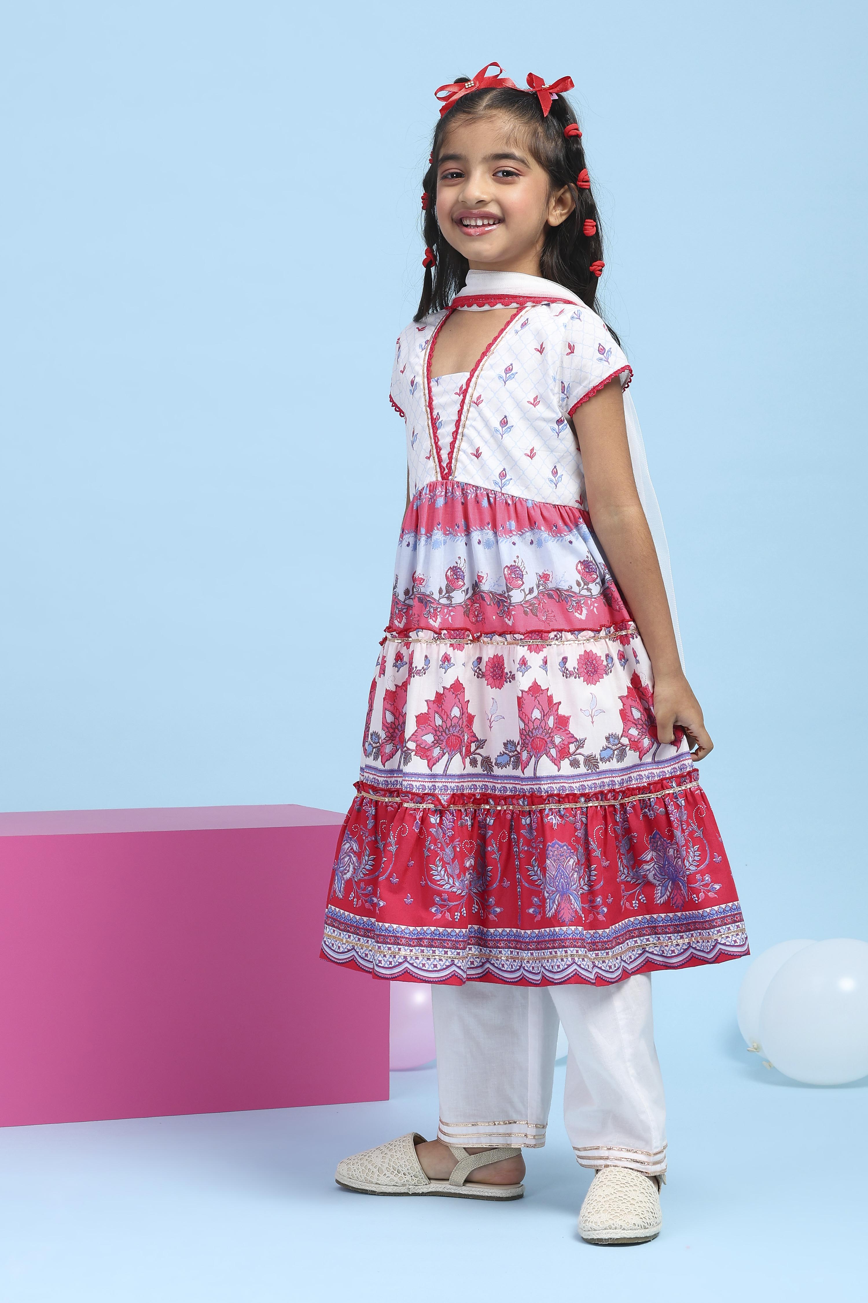 White Cotton Printed Tiered Suit Set image number 3