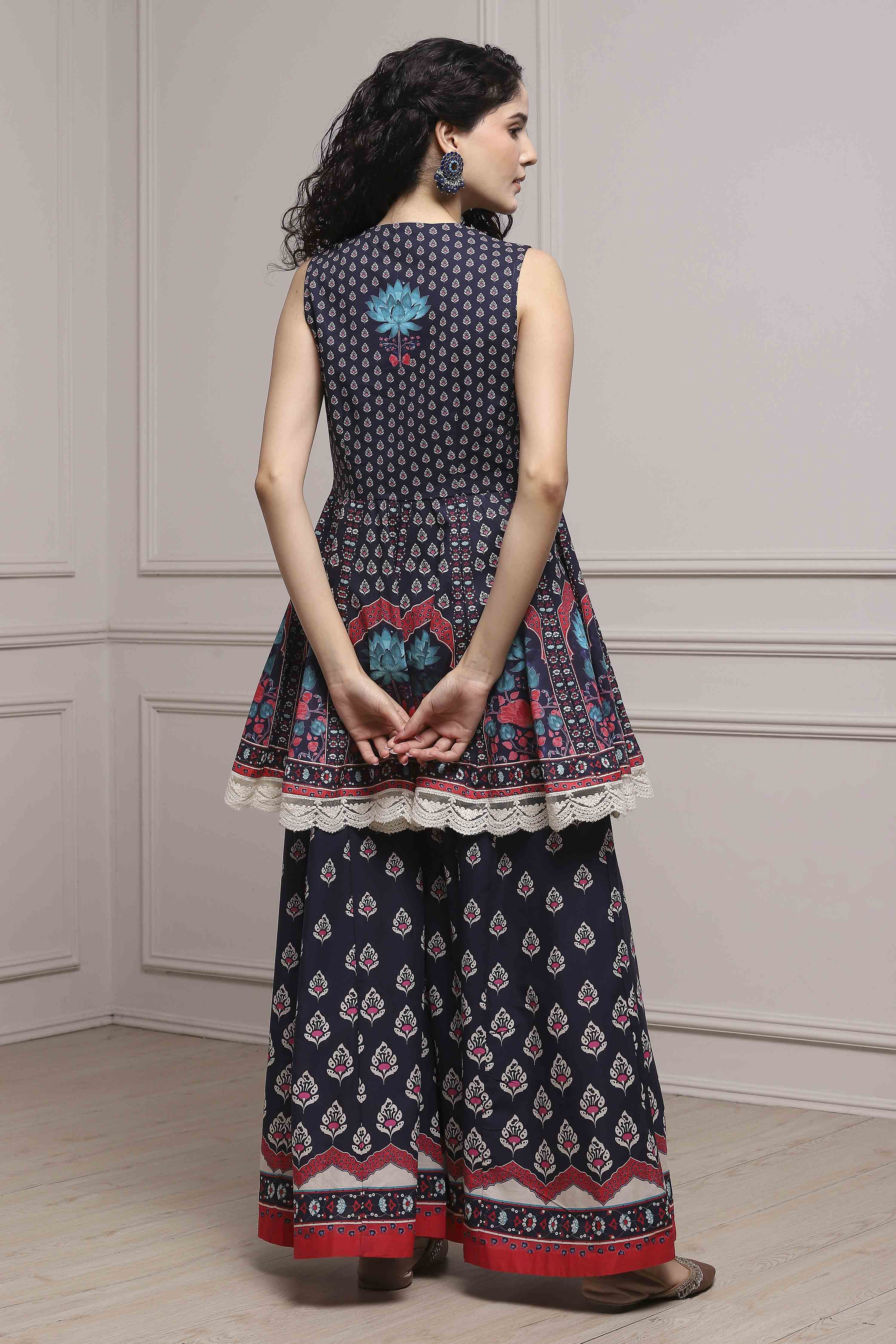Off White/Blue Cotton Printed Sharara Suit Set image number 4