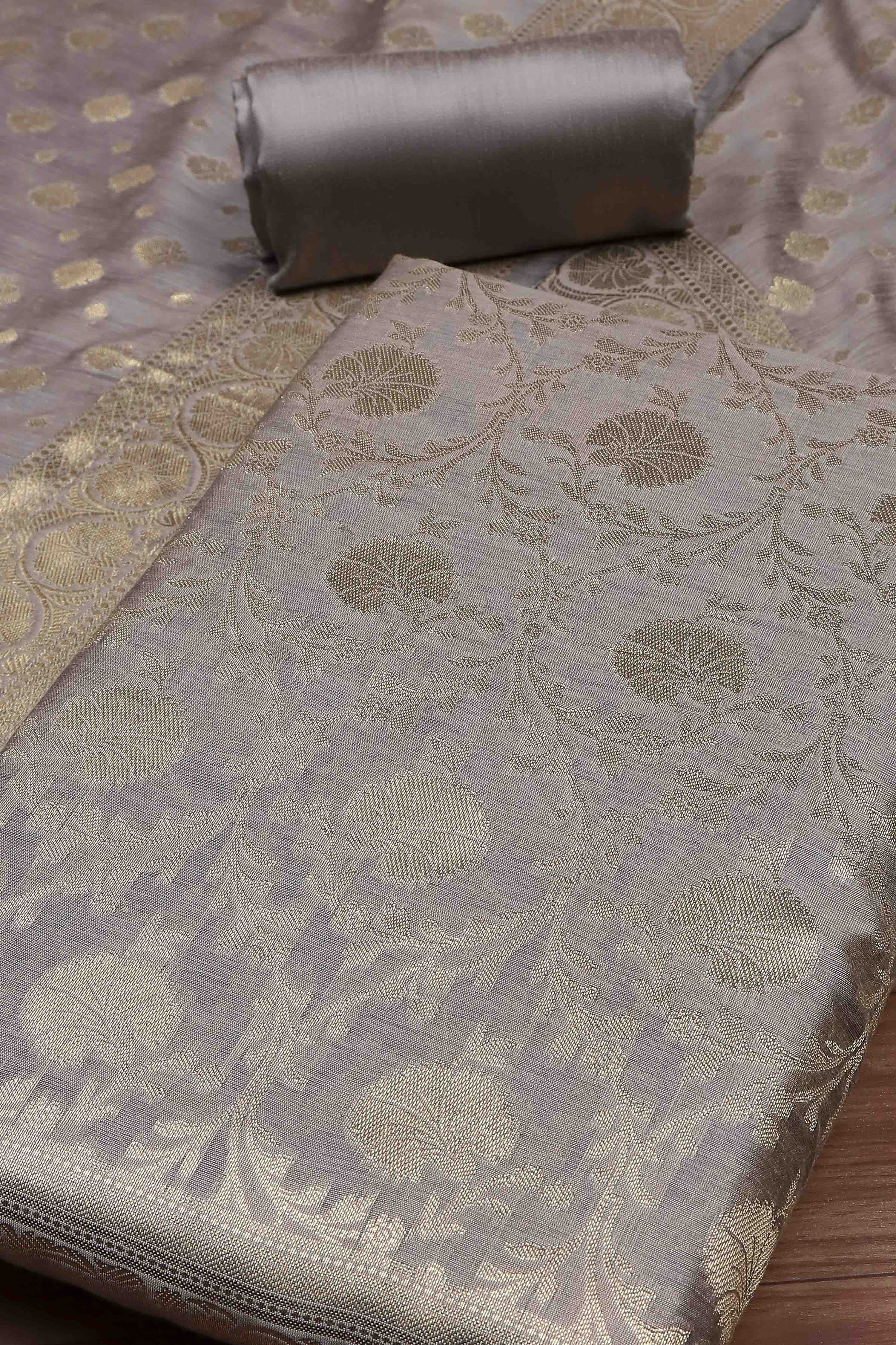 Dusty Mauve Banarasi Chanderi Banarasi Print Unstitched Suit Set image number 1