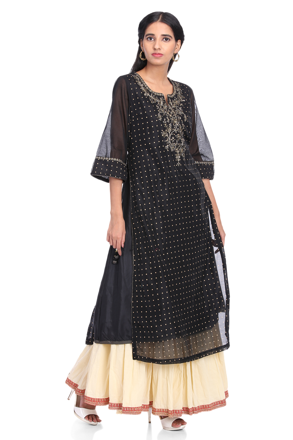 Black Poly Cotton A-Line Printed Kurta image number 2