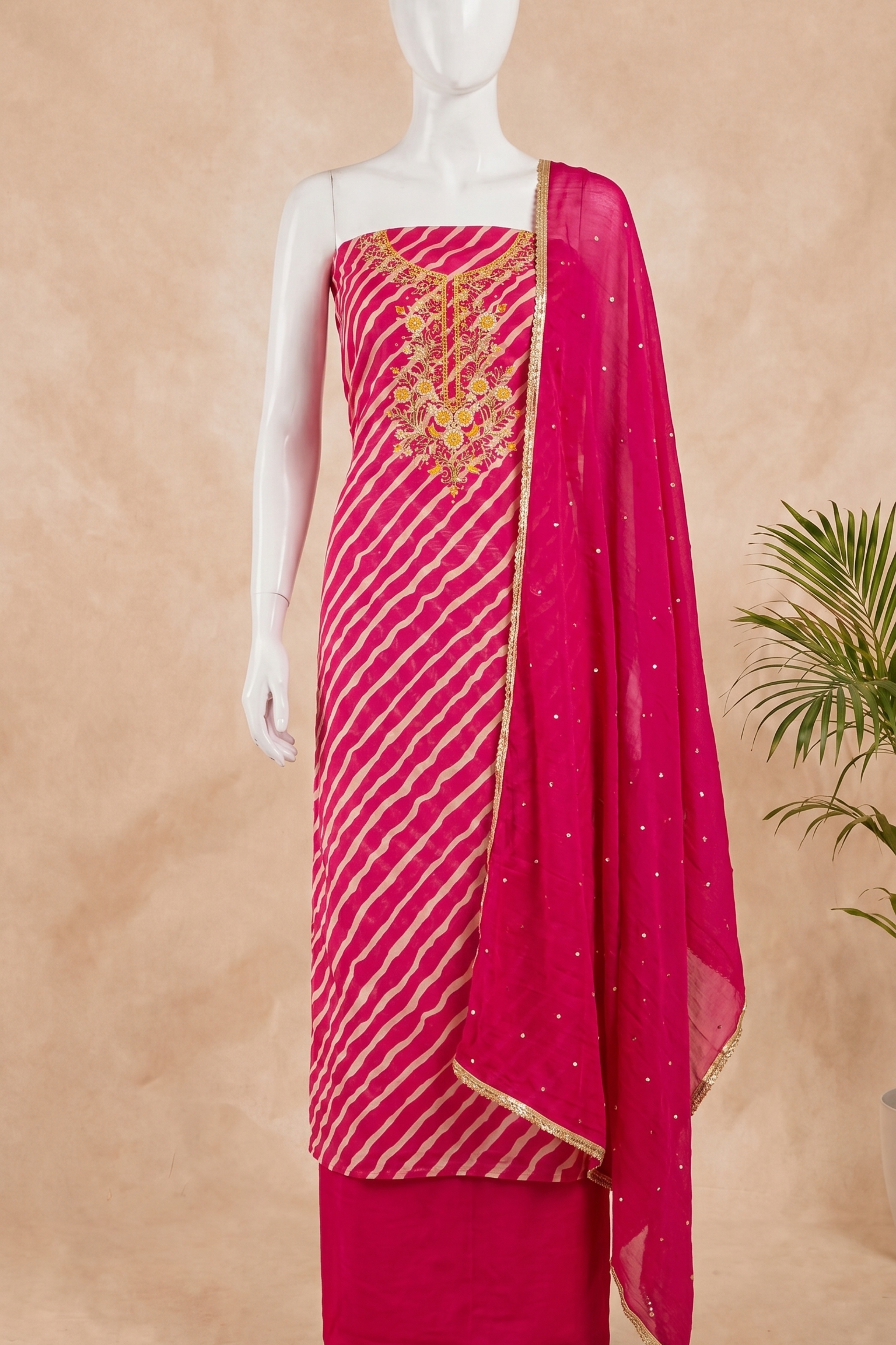 Pink Chanderi Embroidery With Rajasthani Lehriya Print Unstitched Suit Set image number 4