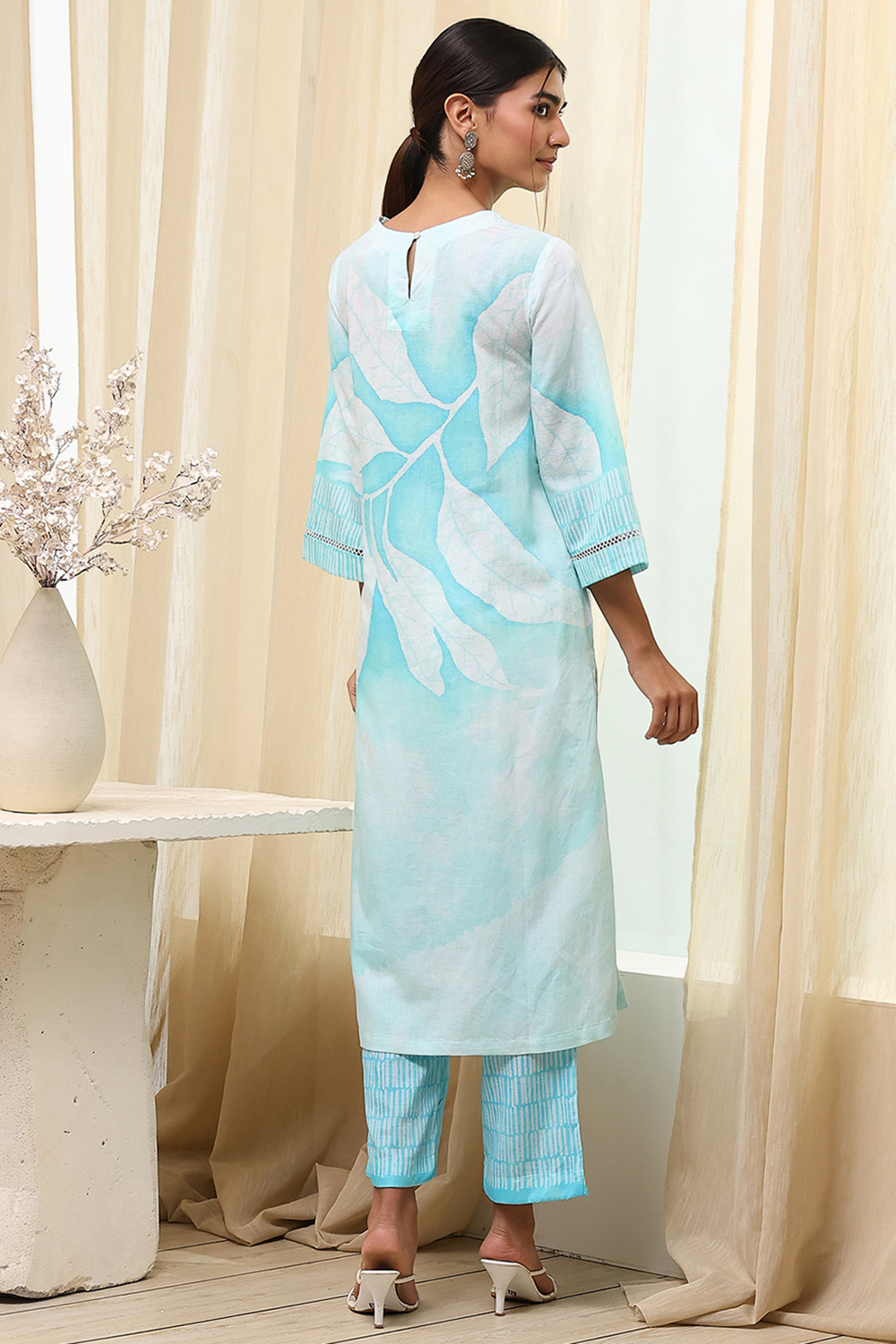 Turquoise Viscose Blend Straight Printed Fusion Set image number 4