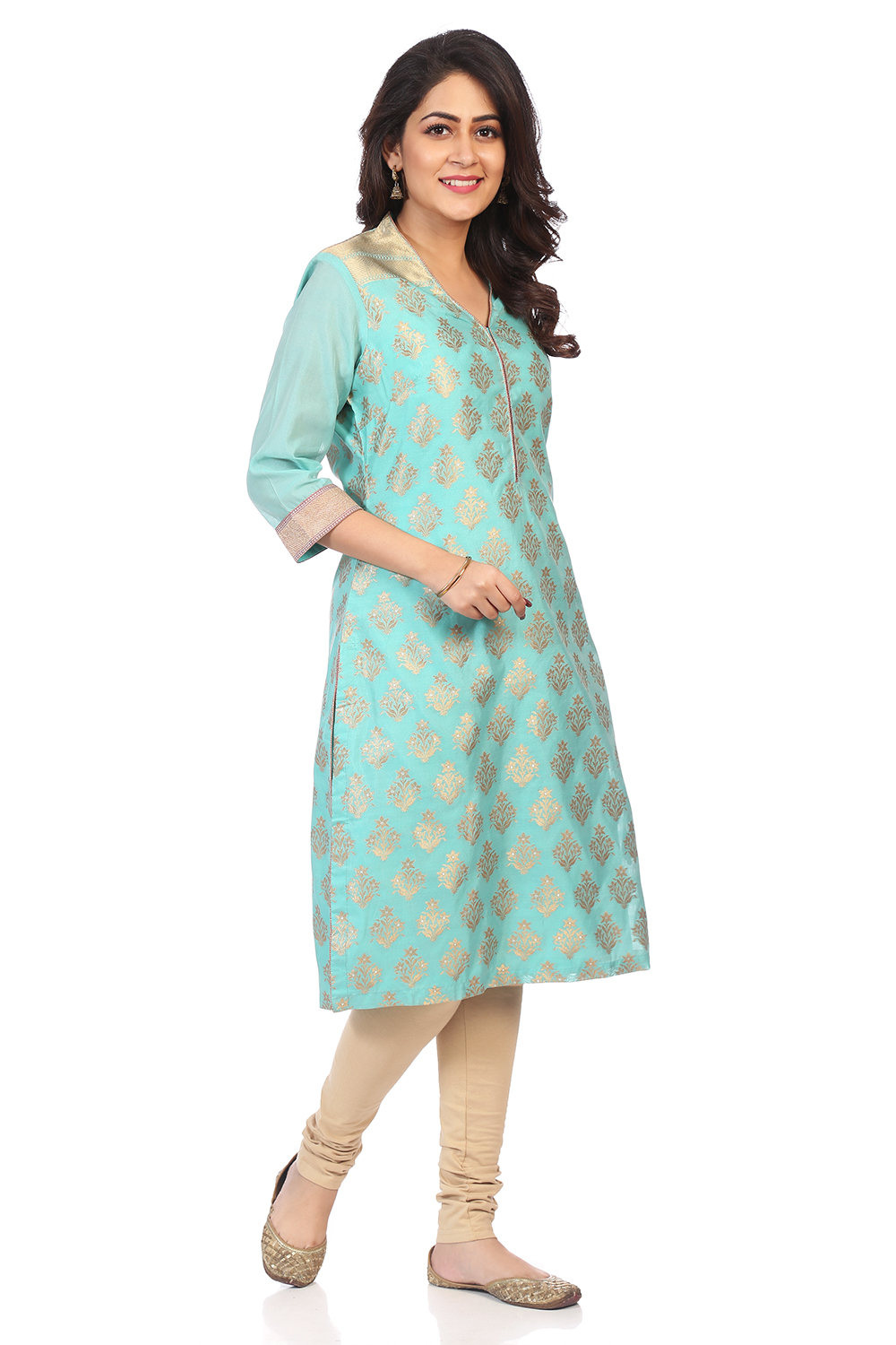 Green Poly Metallic Cotton Straight Printed Kurta image number 2