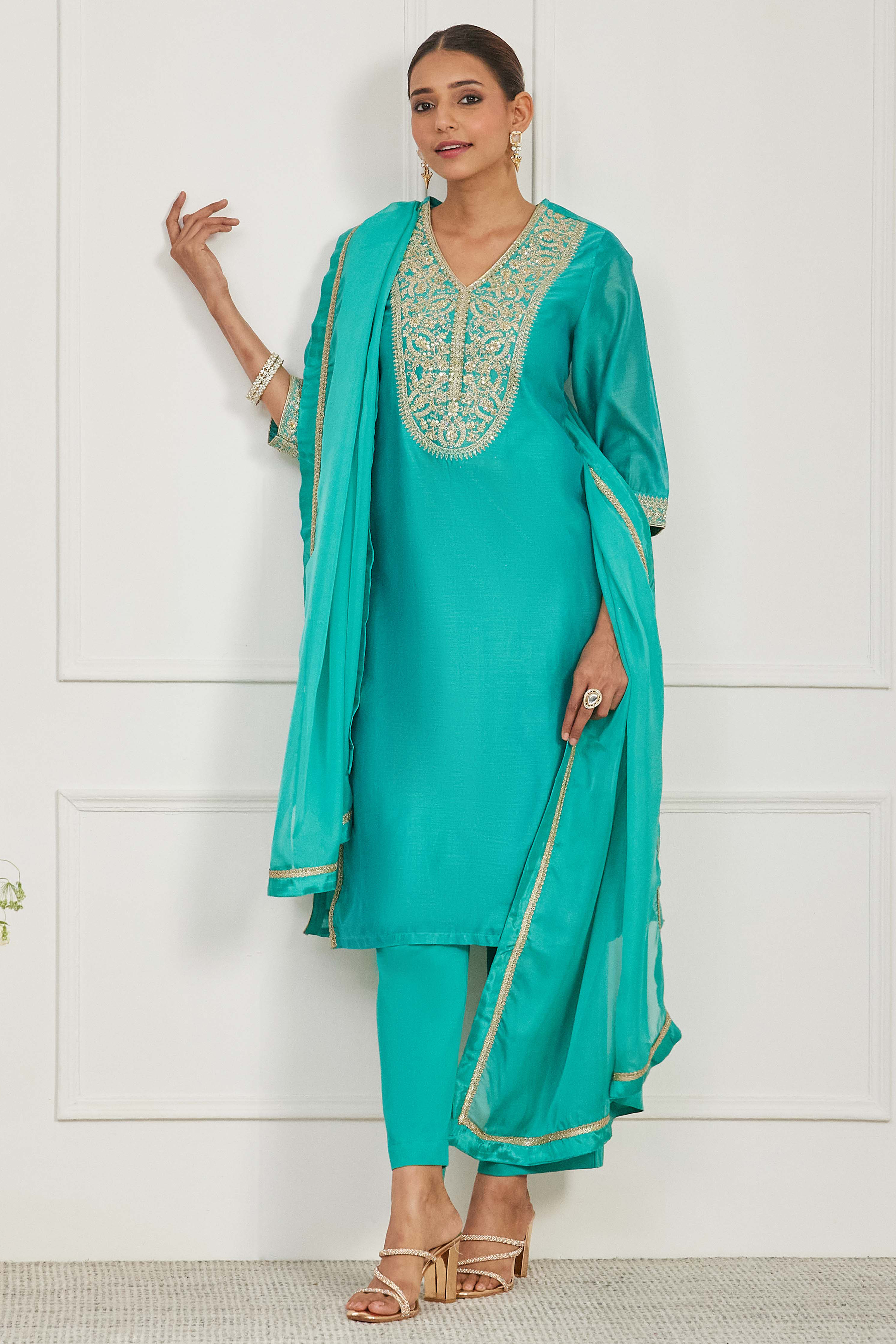 Turquoise Cotton Silk Straight Suit Set image number 0