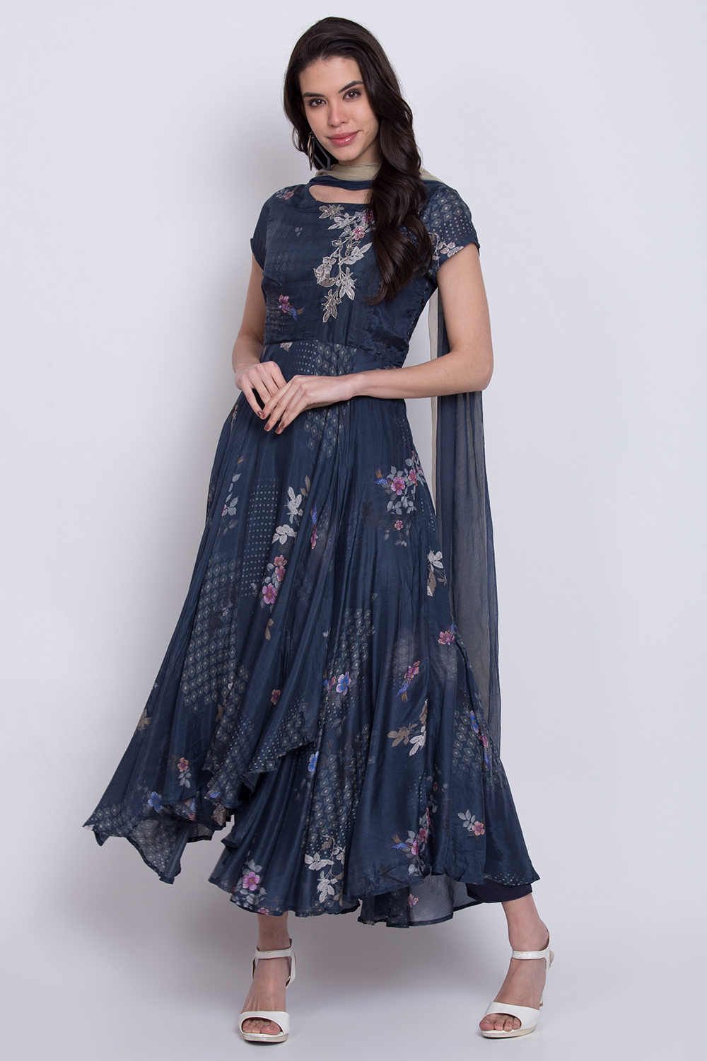 Navy Blue Cotton Silk Flared Kurta Slim Pant Suit Set image number 0