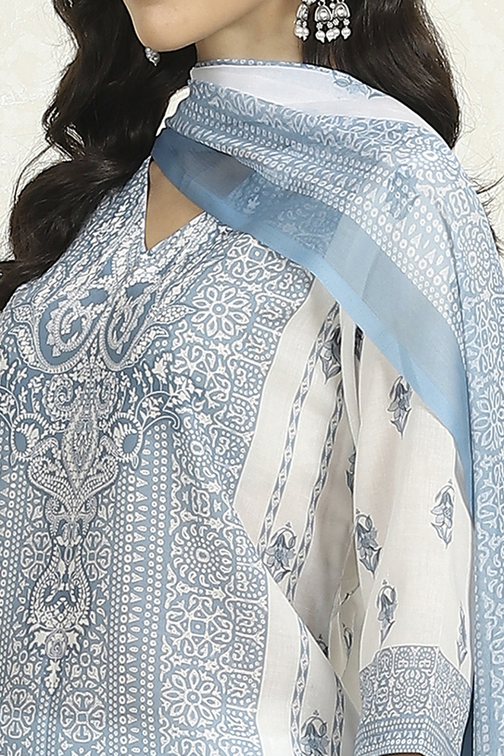 White-Blue Cotton Unstitched Suit Set image number 8