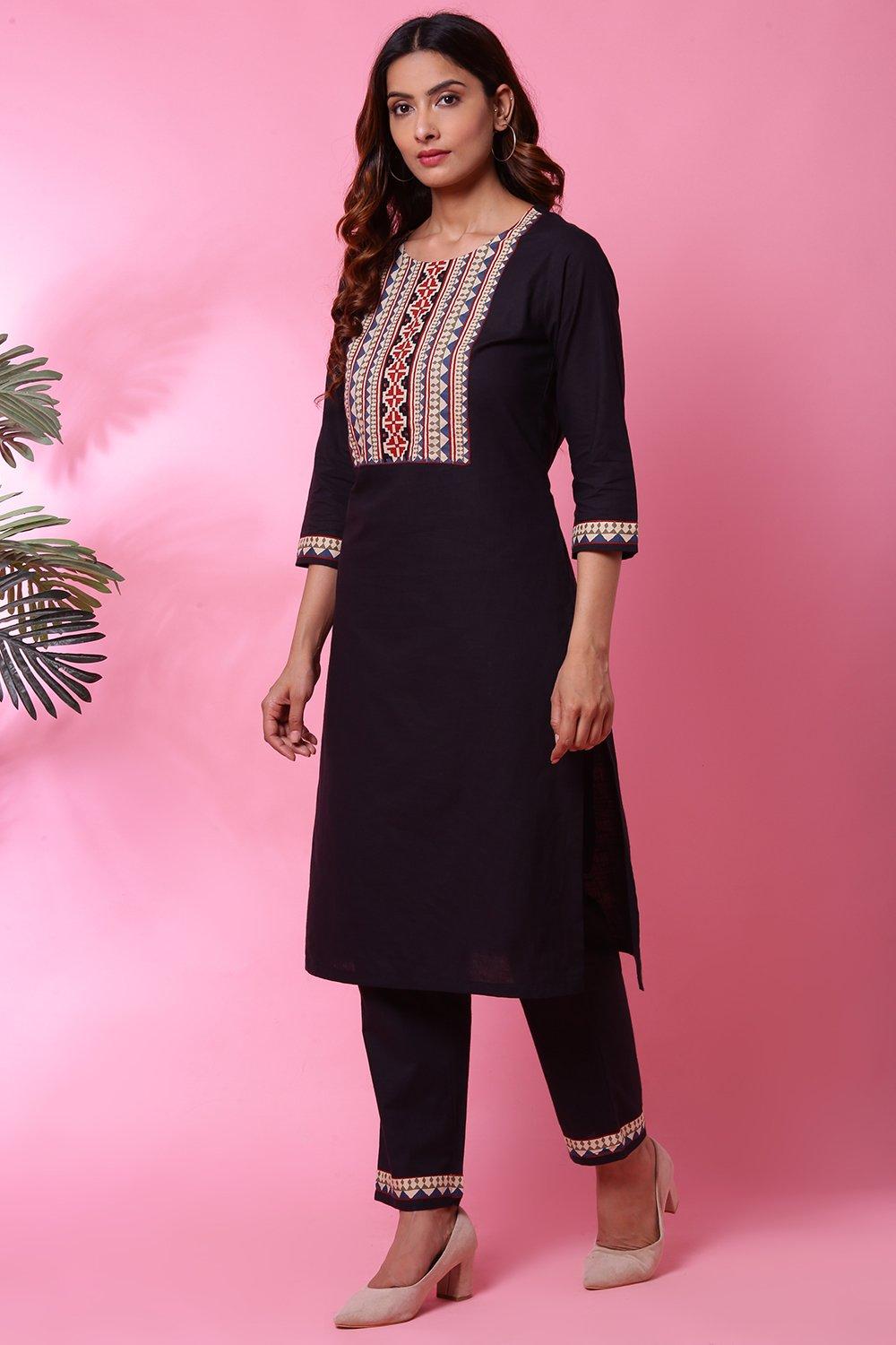 Black Cotton Straight Kurta Pant Suit Set image number 0