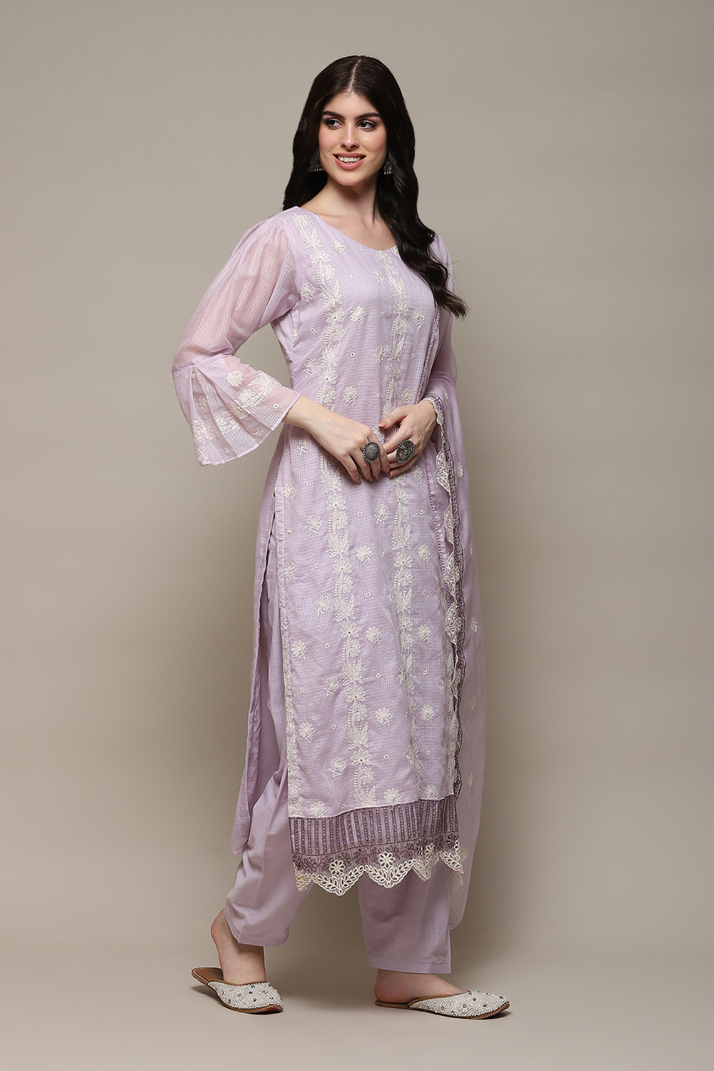 Lavendar Cotton Blend Printed Unstitched Suit Set image number 7