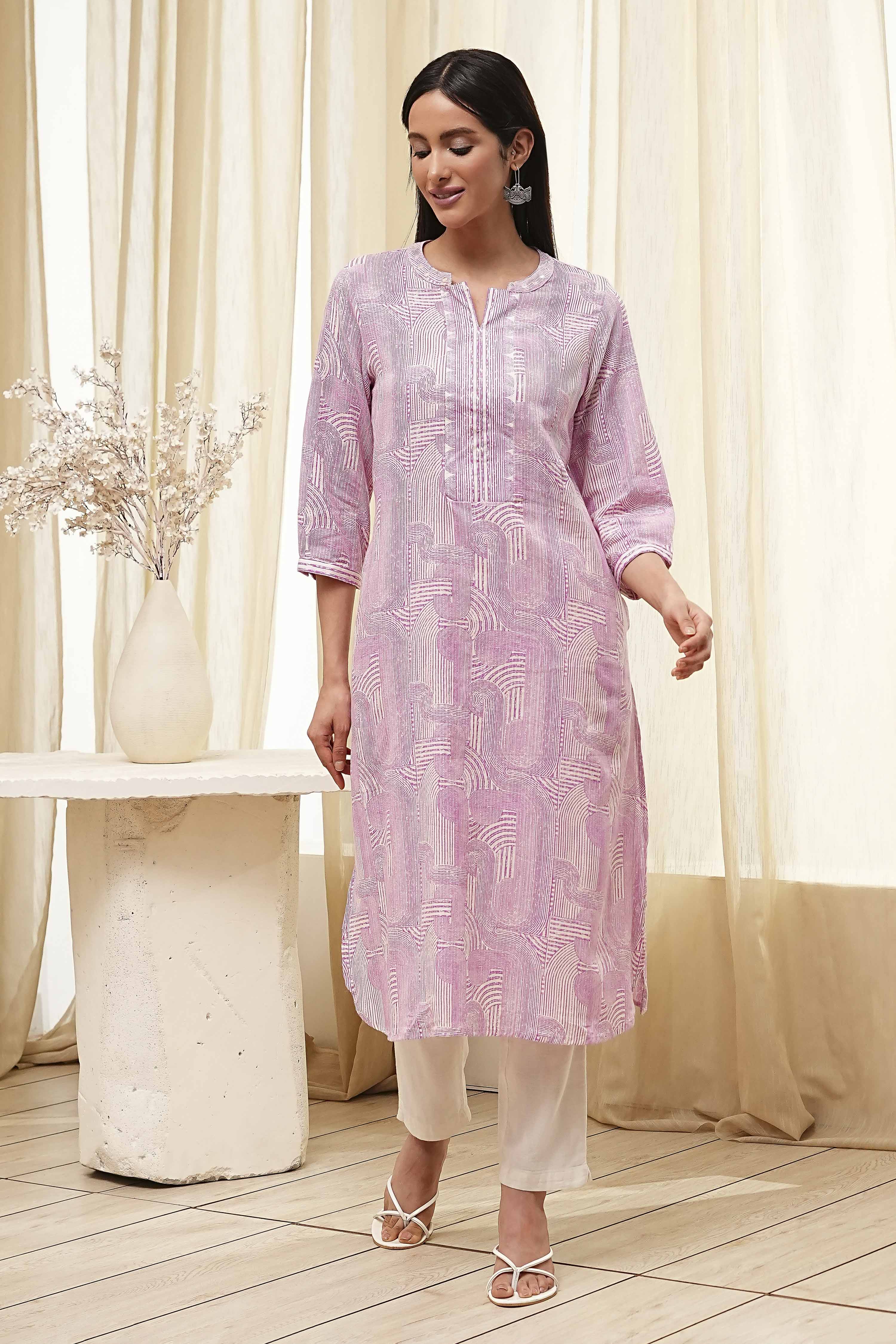 Yellow Cotton Printed Straight Kurta image number 5