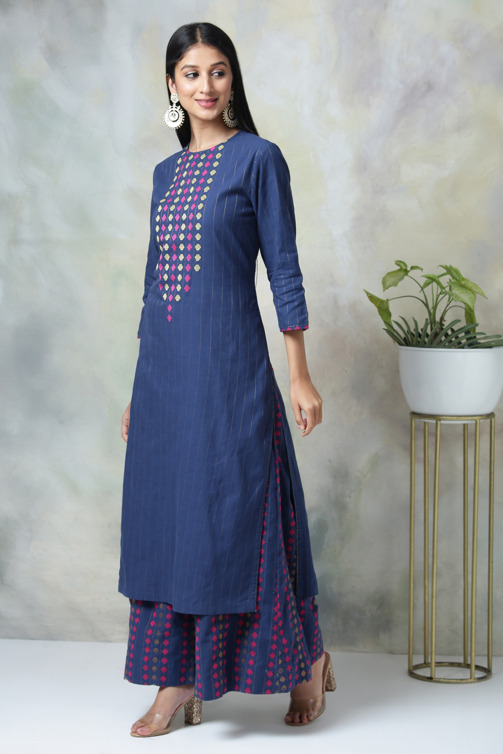 Navy Blue Metallic Cotton Straight Kurta Palazzo Suit Set image number 5