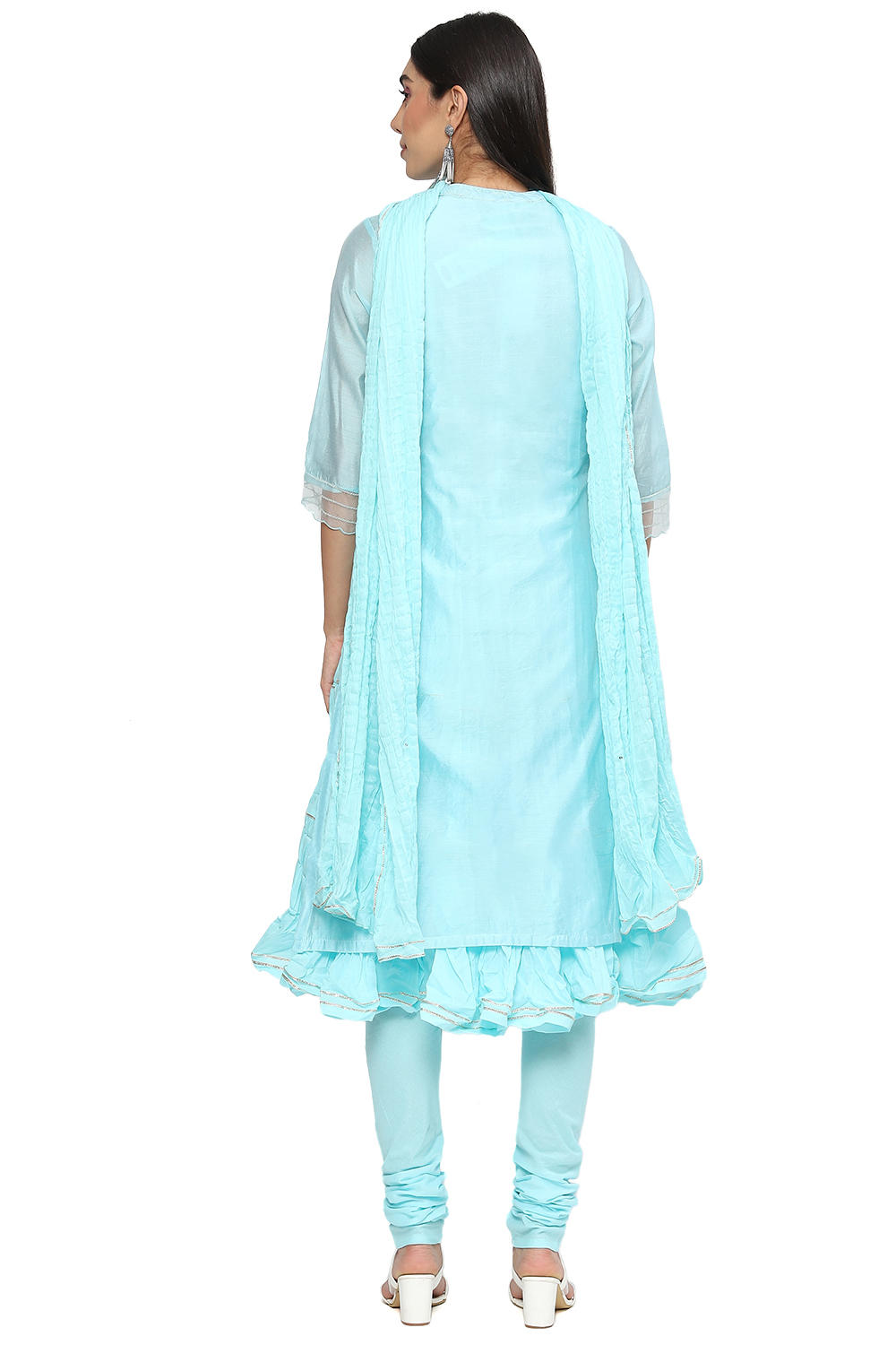 Off White Cotton Blend Layered Kurta Churidar Suit Set image number 5