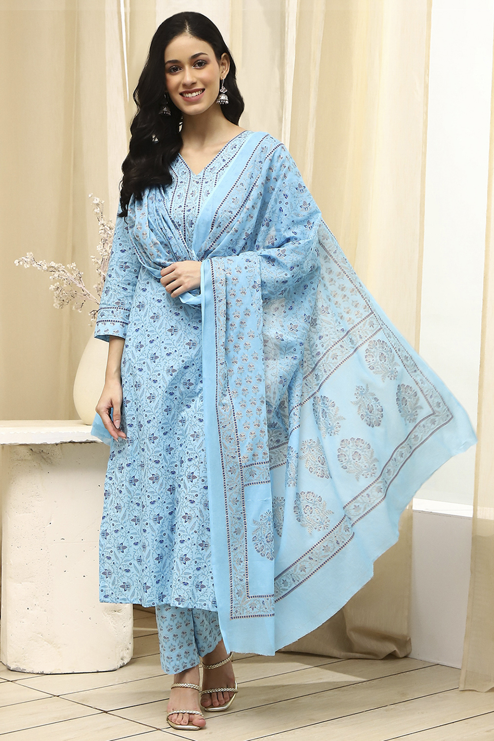 Pink Cotton Screen Print Unstitched Suit Set image number 1