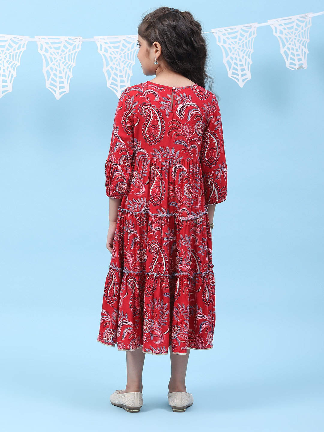 Red Rayon Tiered Printed Kurta Dress image number 4