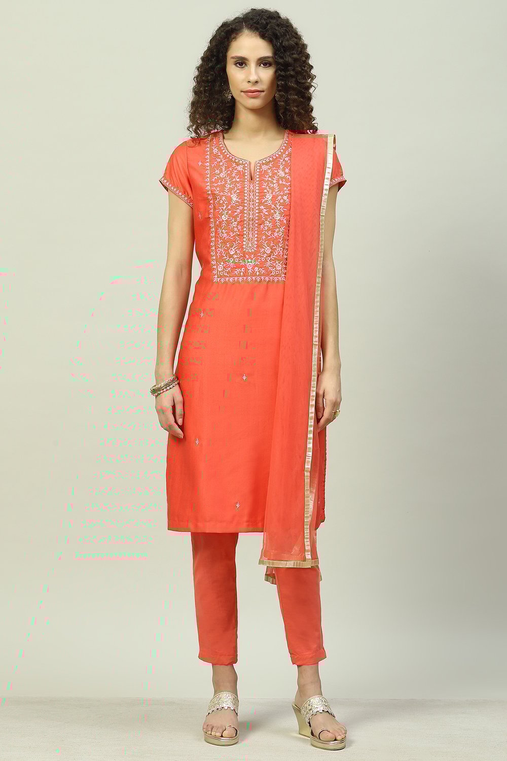 Mustard Art Silk Straight Kurta Slim Pants Suit Set image number 0
