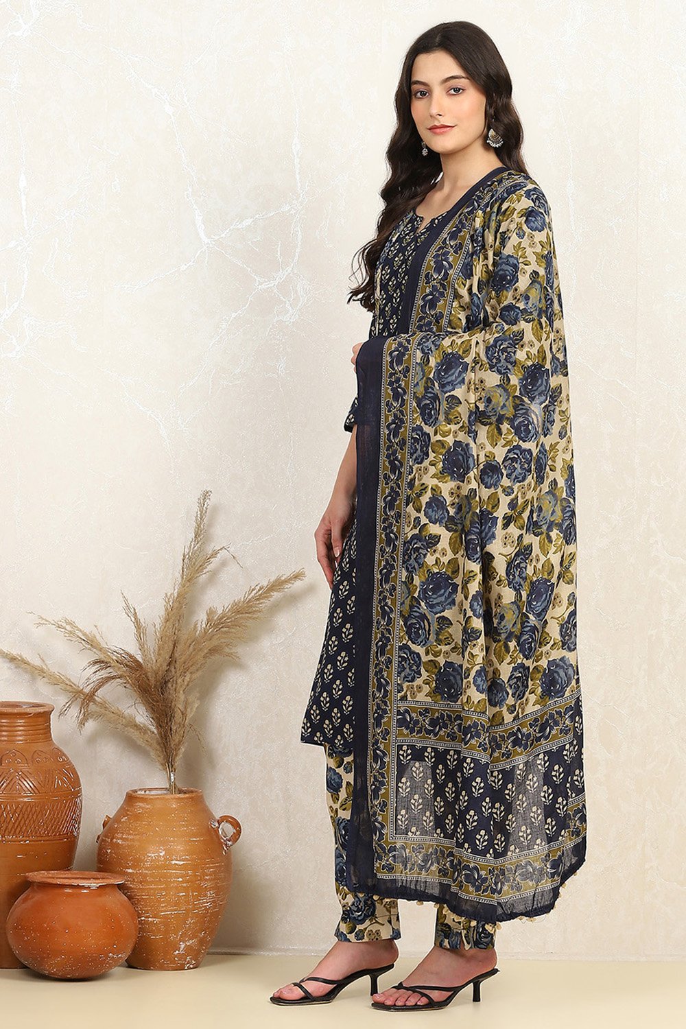 Rust Cotton Unstitched Suit Set image number 4
