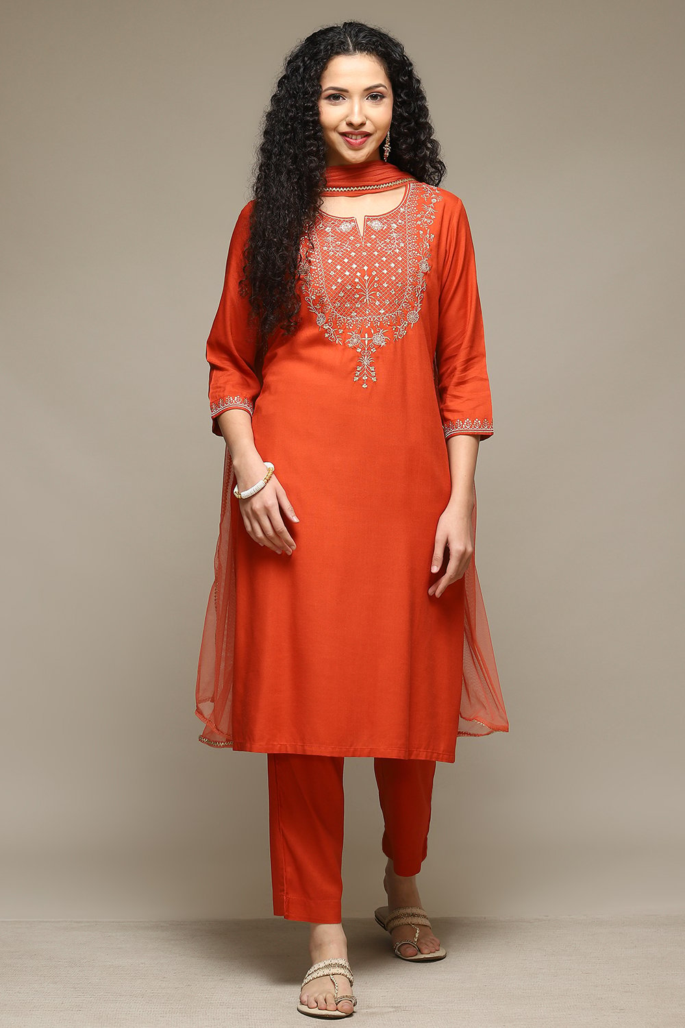 Burnt Orange Rayon Straight Kurta Pants Suit Set image number 7