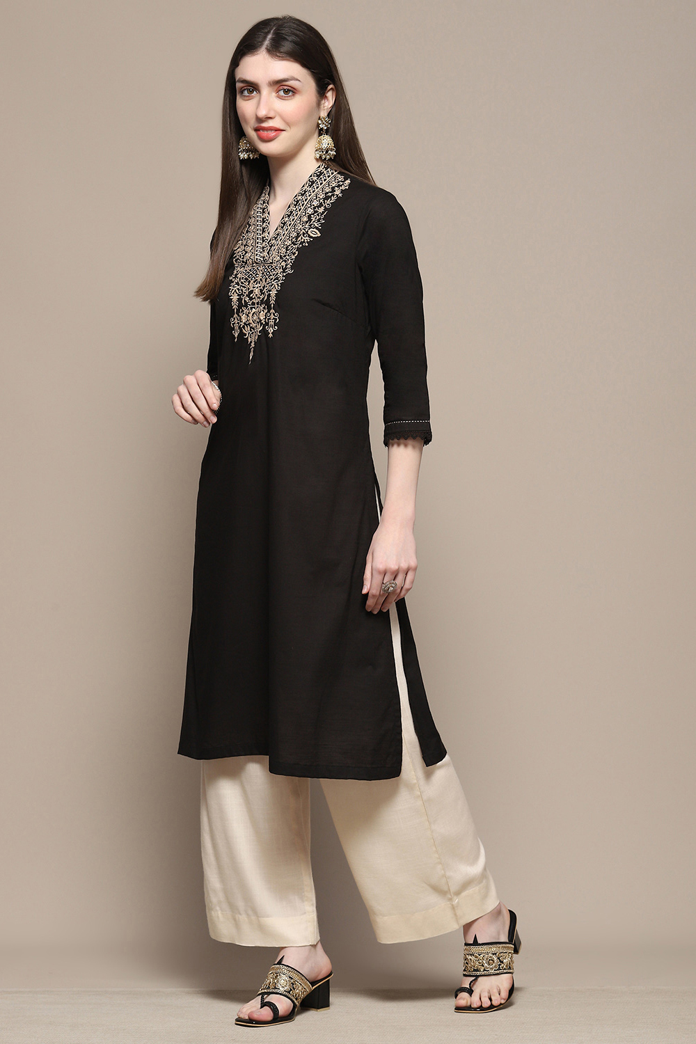 Black Cotton Straight Kurta image number 2