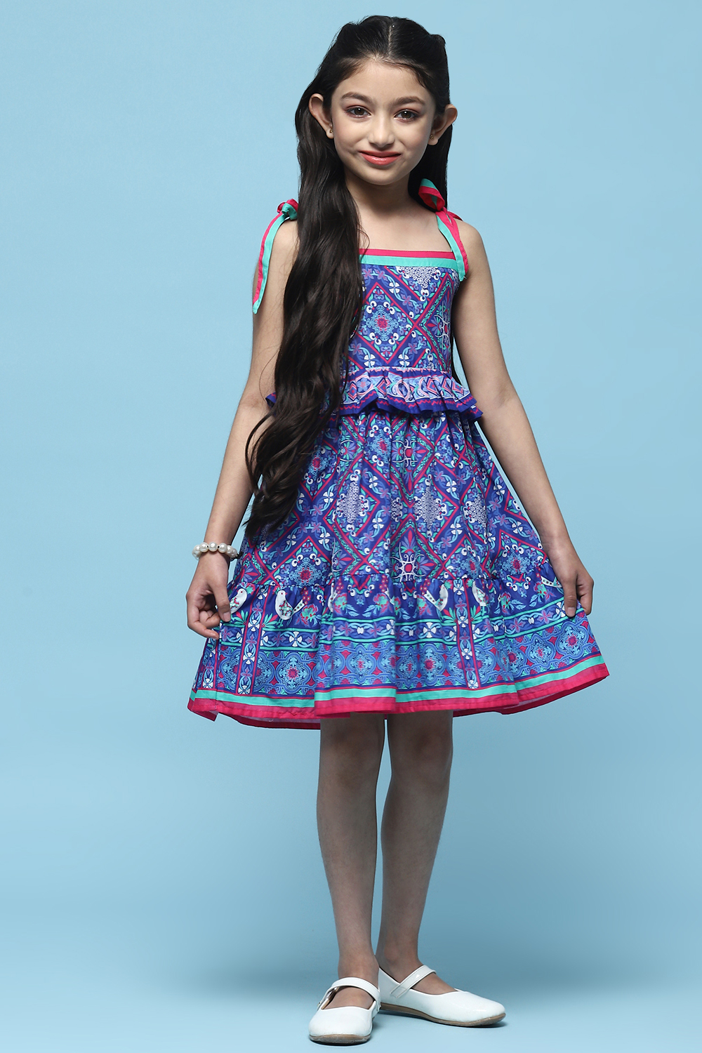 Blue Mosaic Printed Cotton Shoulder Tie Up Dress image number 0