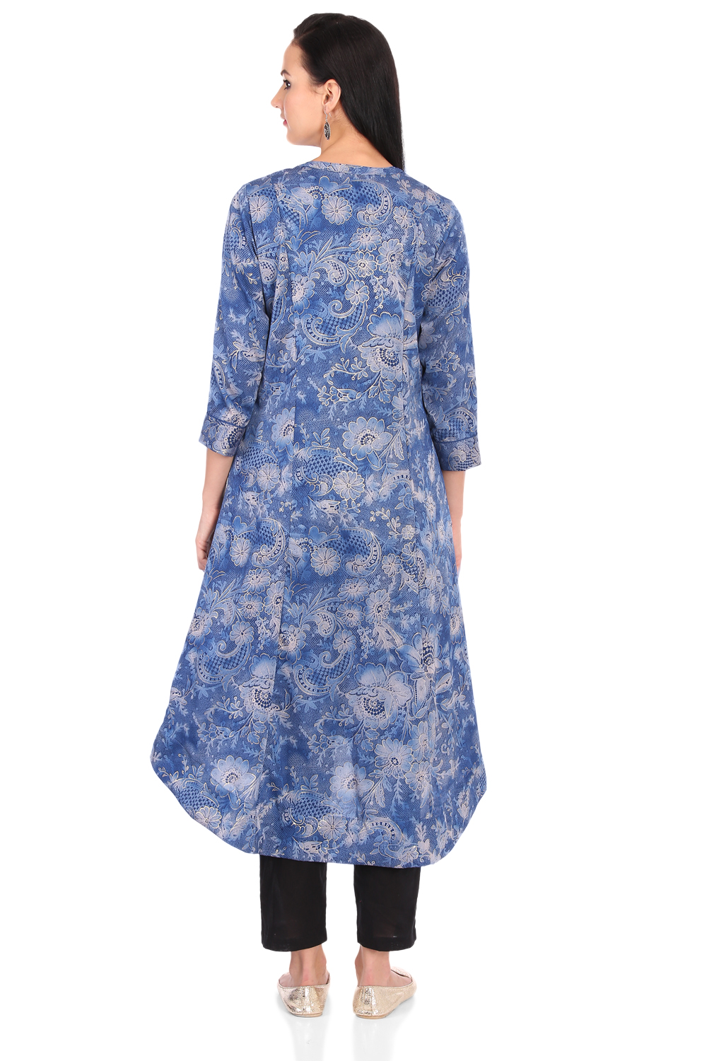 Blue A-Line Art Silk Printed Kurta image number 5