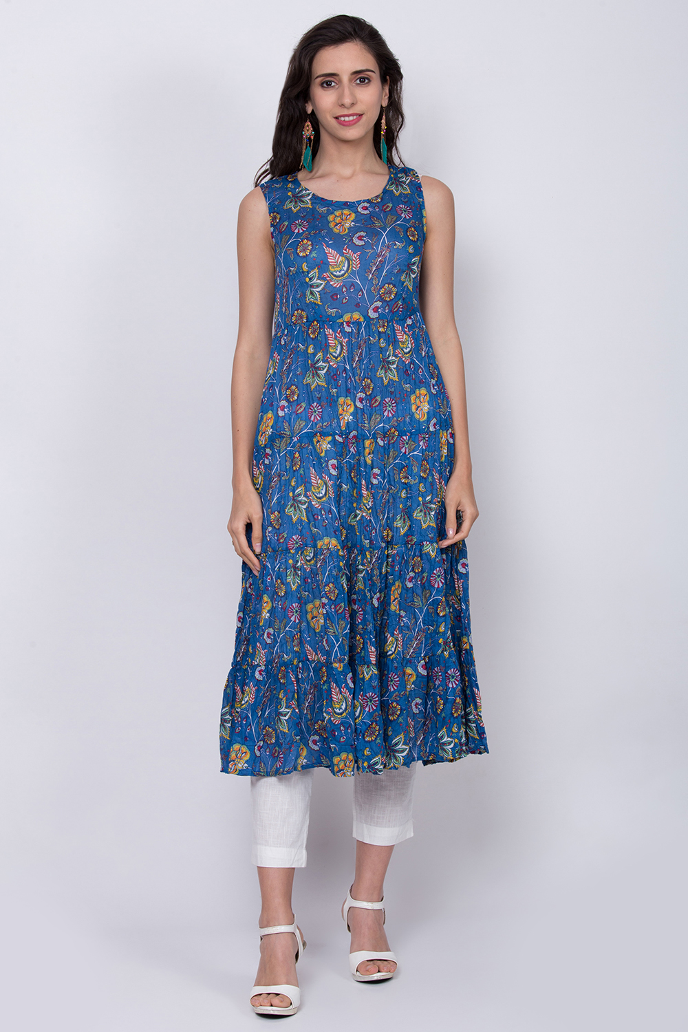 Ink Blue Cotton A-Line Printed Kurta image number 4