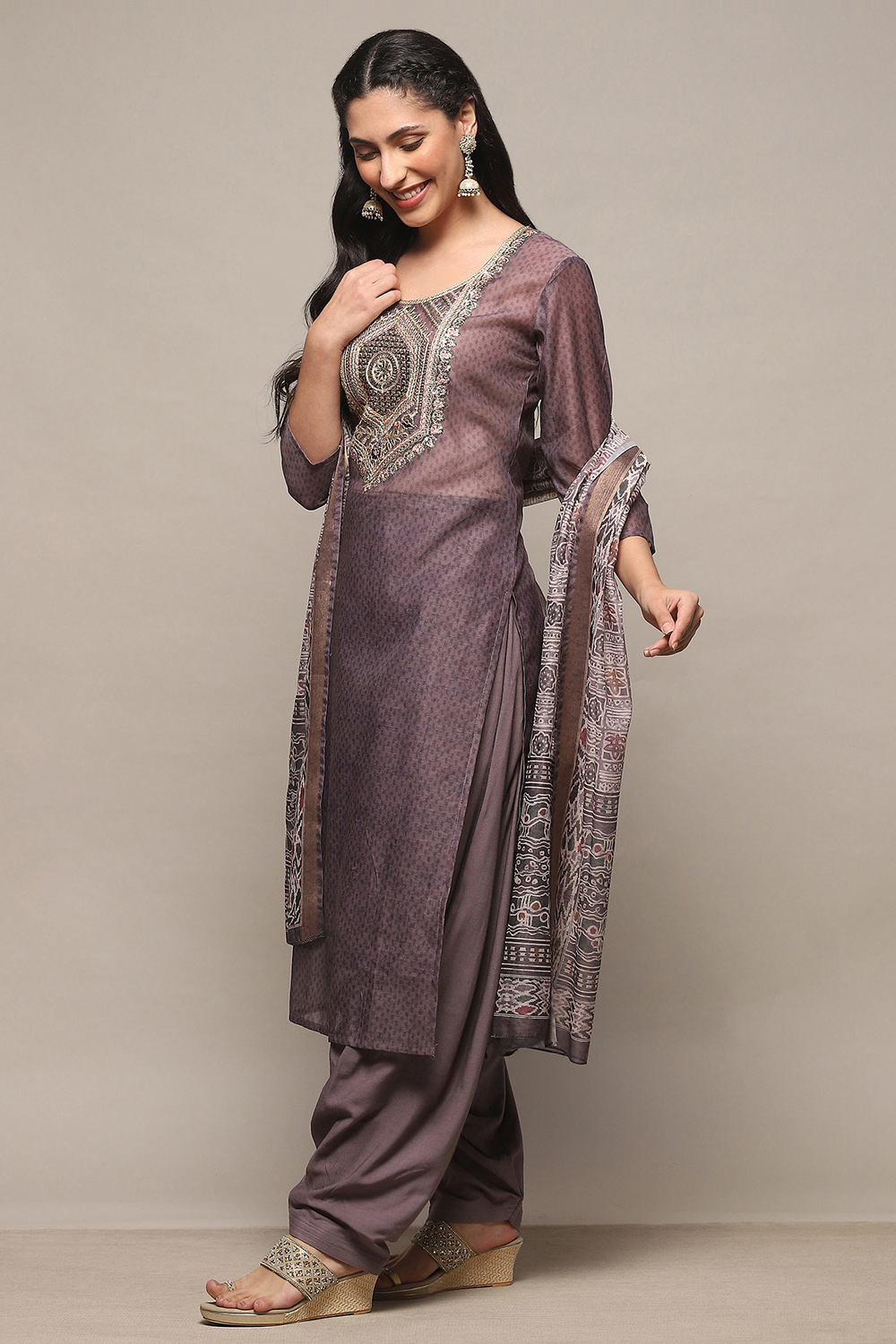 Light Purple Chanderi Unstitched Suit Set image number 8