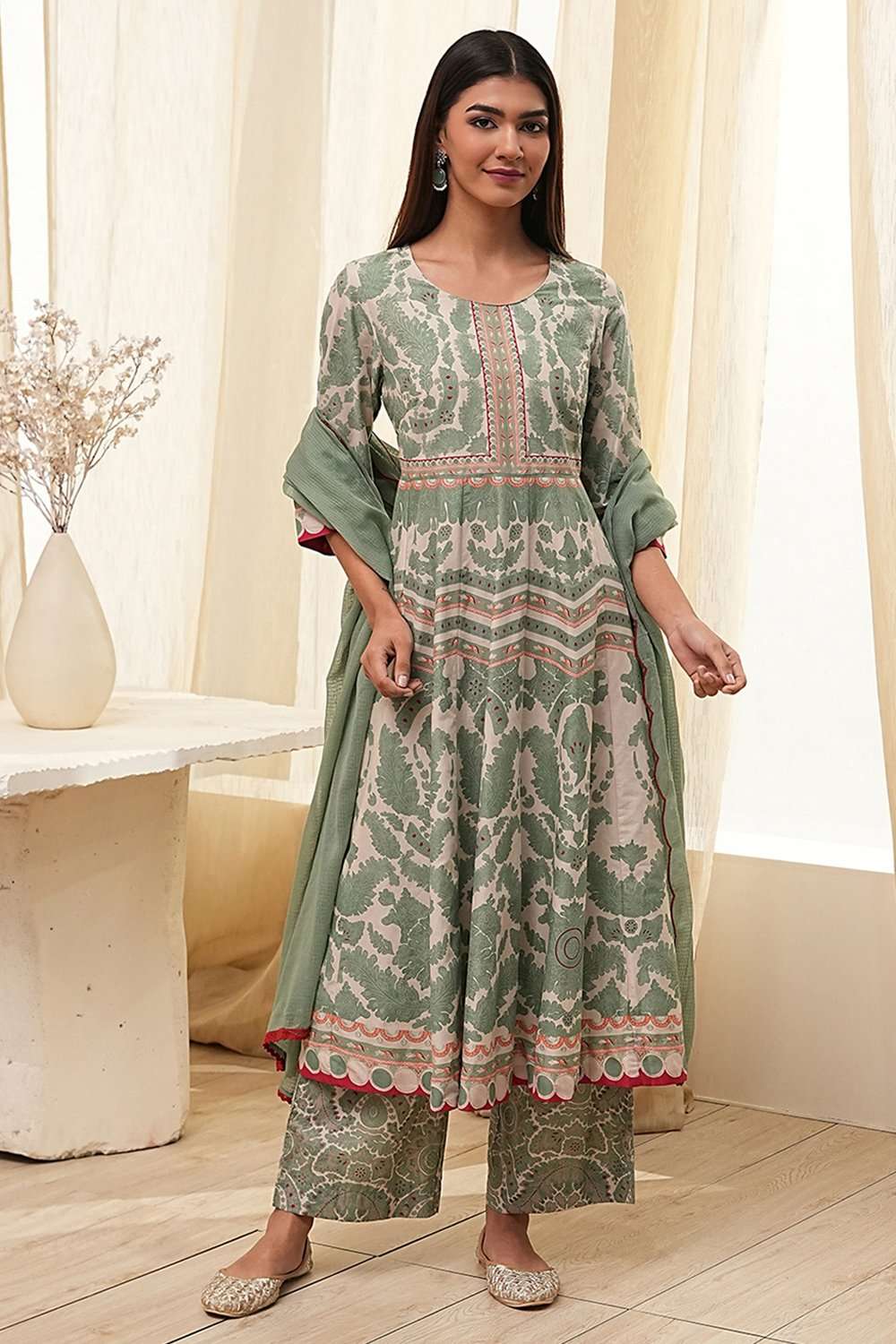 Green Cotton Printed Anarkali Suit Set image number 7