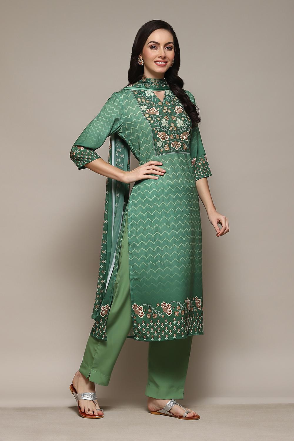 Green Cotton Blend Digital Print Unstitched Suit Set image number 7