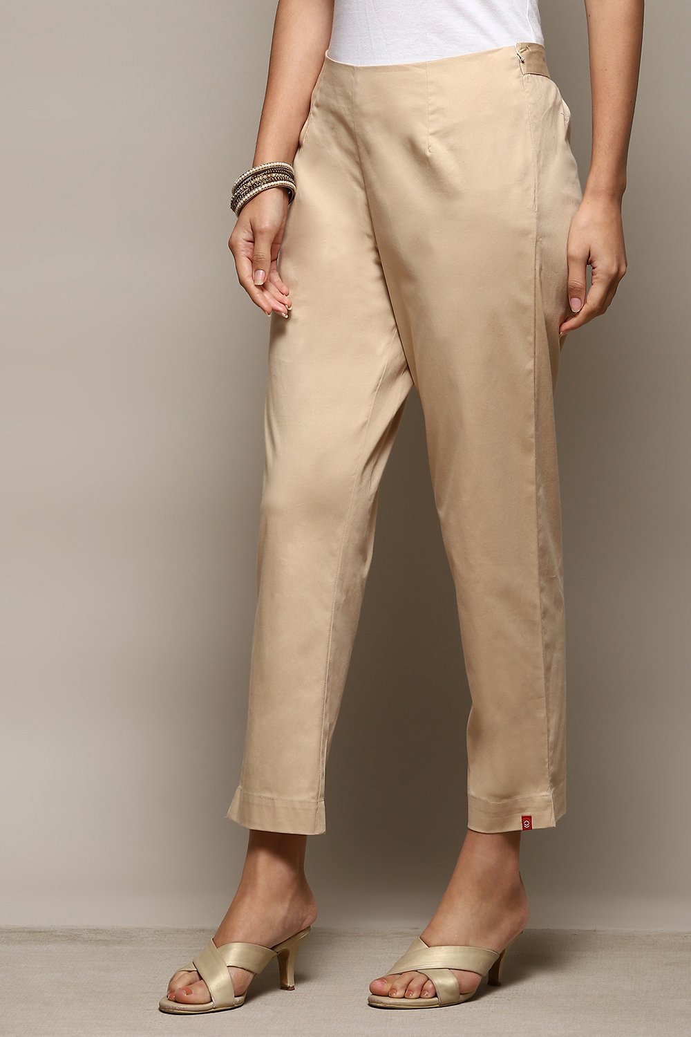Beige Cotton Slim Solid Pants image number 2