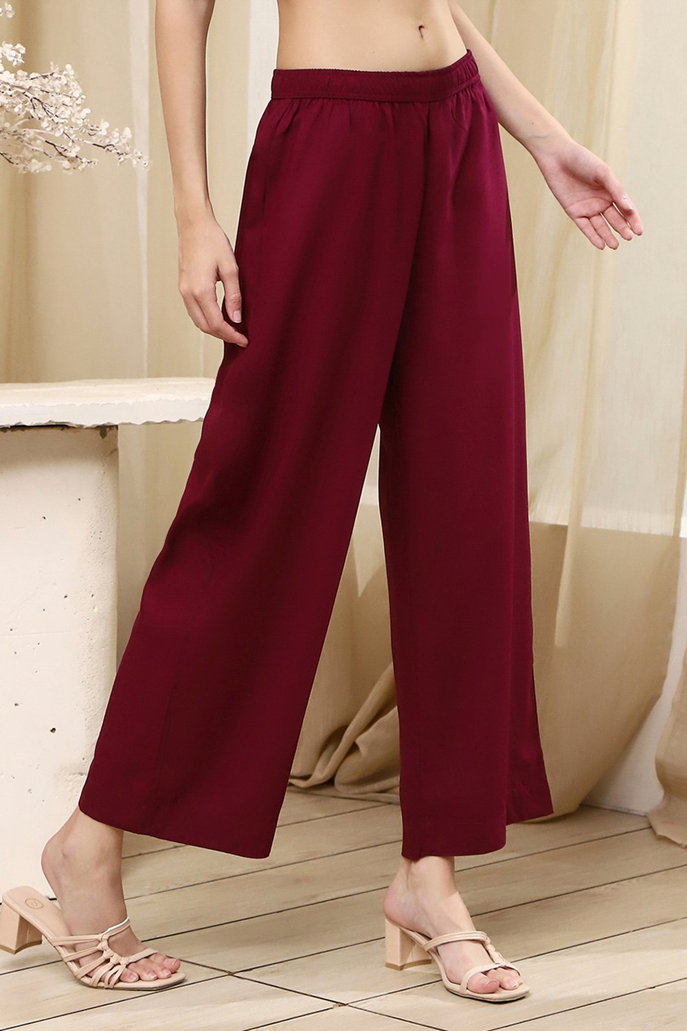Berry Maroon Solid Straight Palazzos image number 3