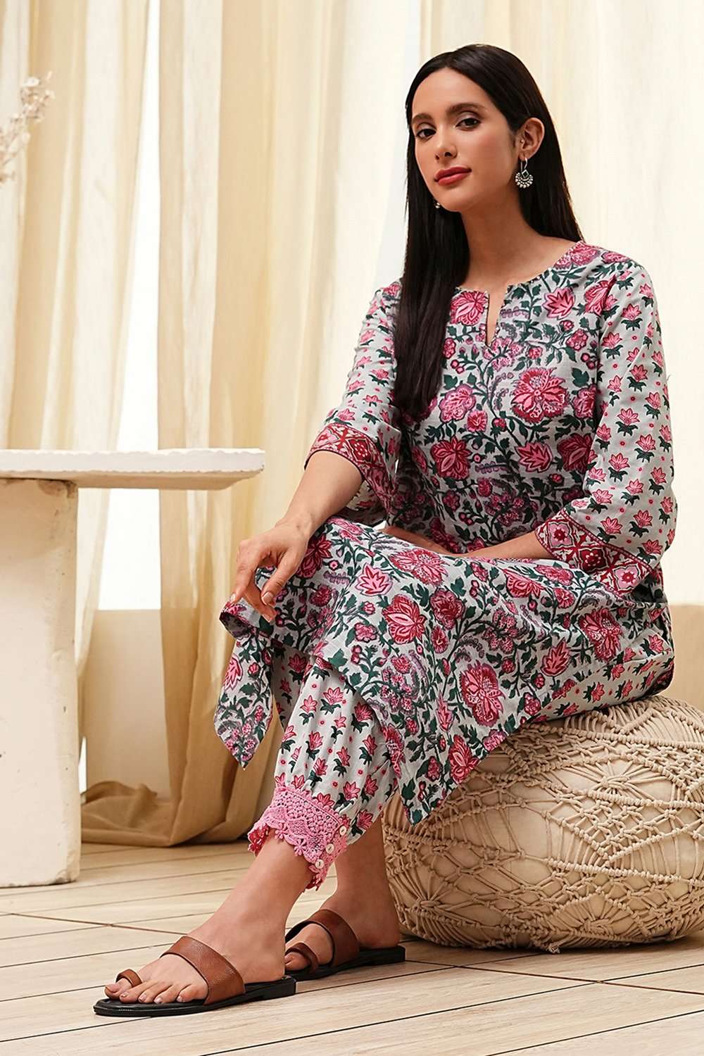 Blue and Pink Cotton Printed Straight Kurta Set image number 0