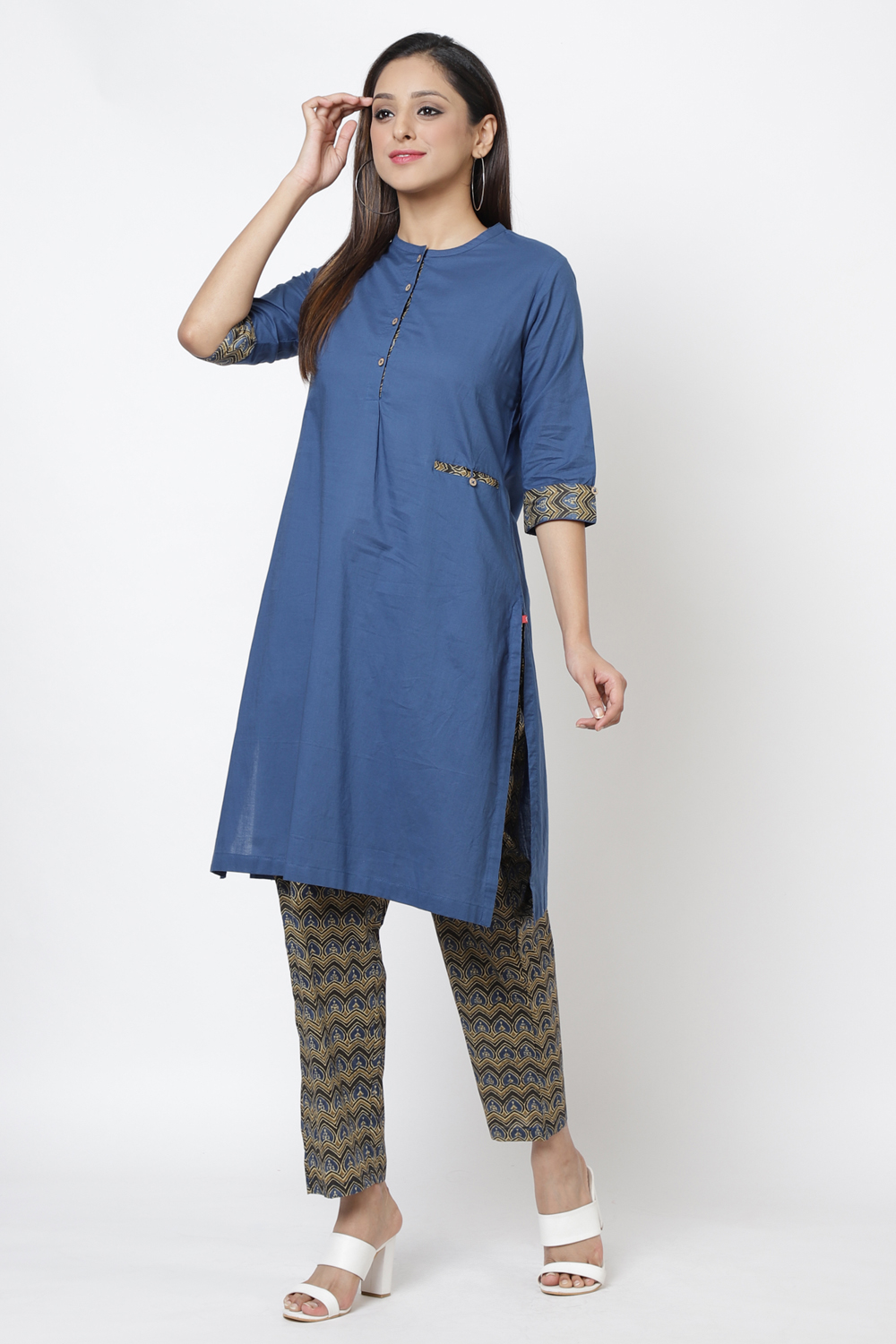 Navy Cotton A-Line Kurta Pant Suit Set image number 3