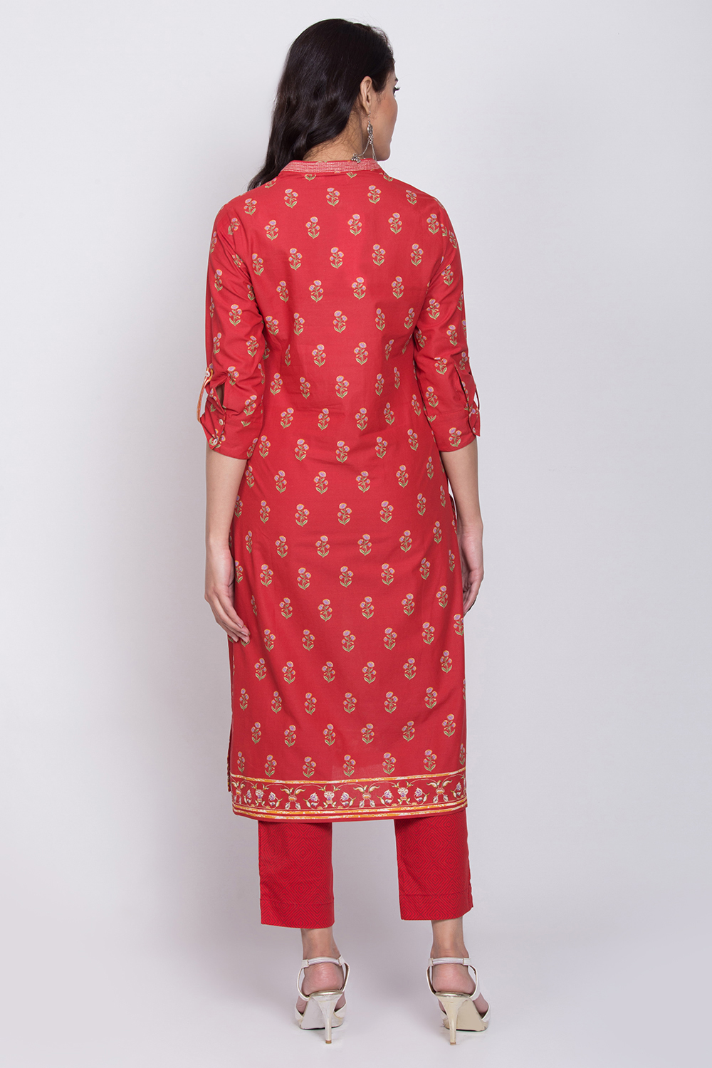 Red Cotton Straight Printed Kurta image number 4