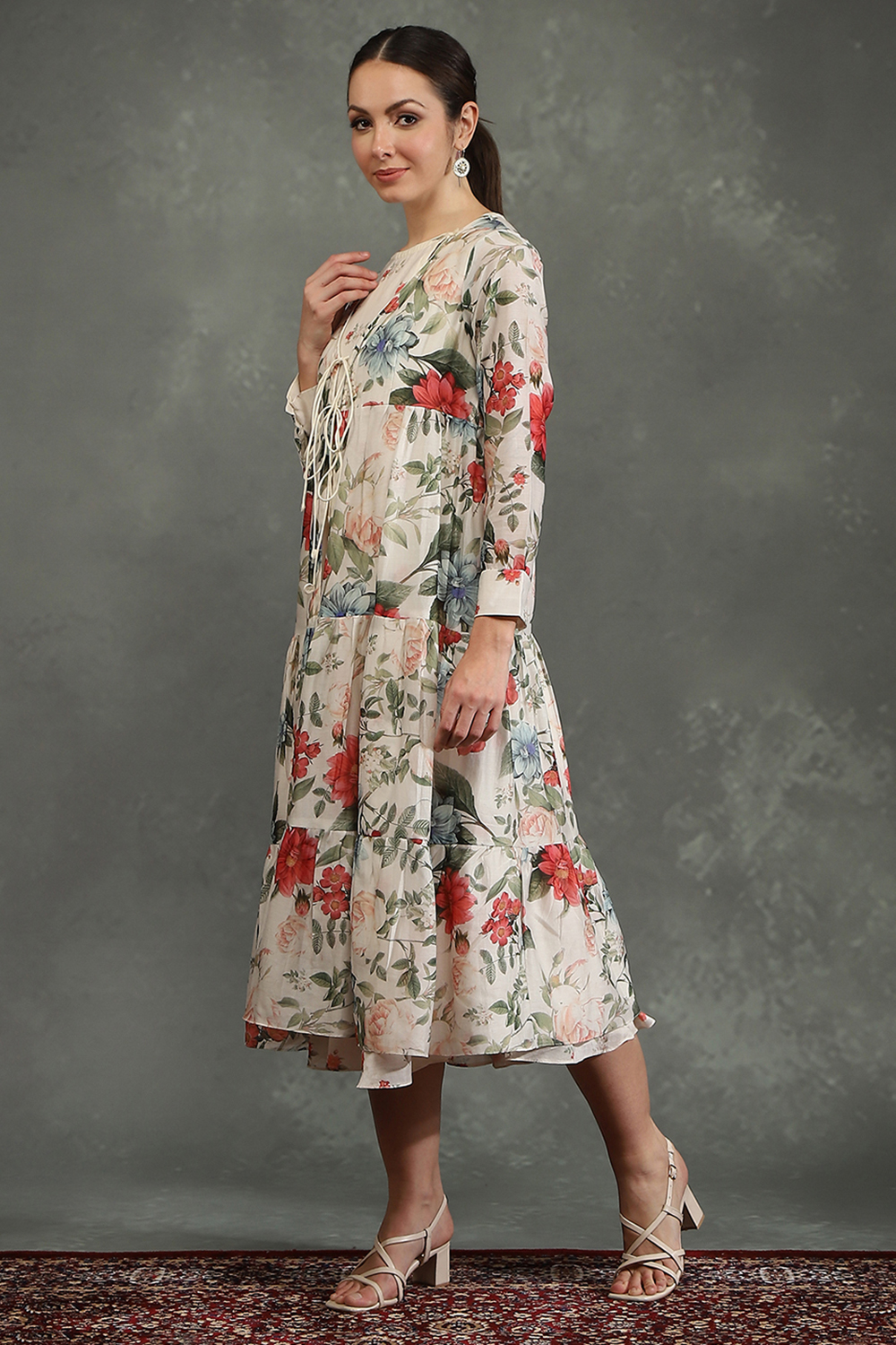 Ivory Silk Chanderi Floral Front-Open Dress image number 2