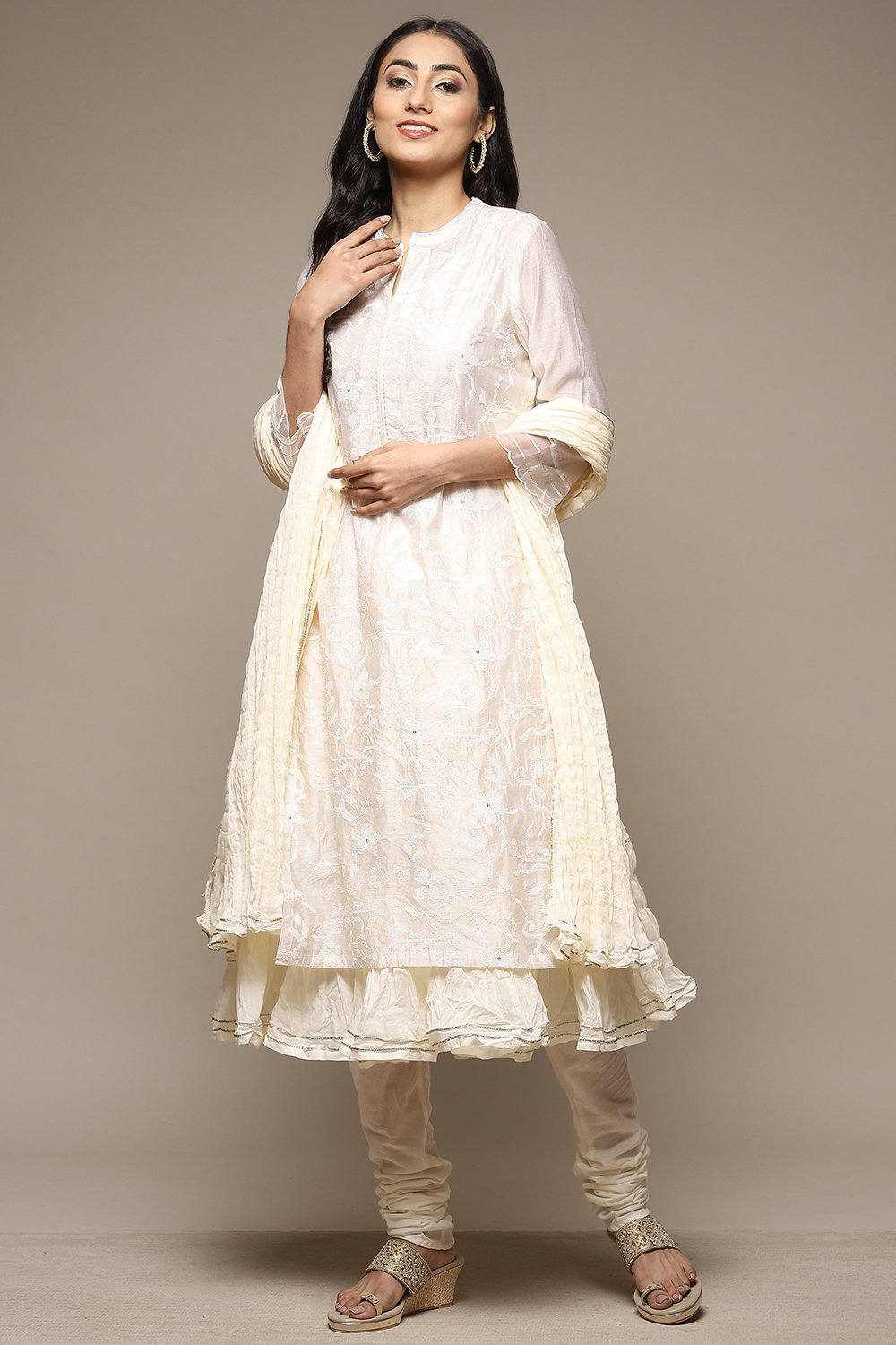 Off White Cotton Blend Layered Kurta Churidar Suit Set image number 6