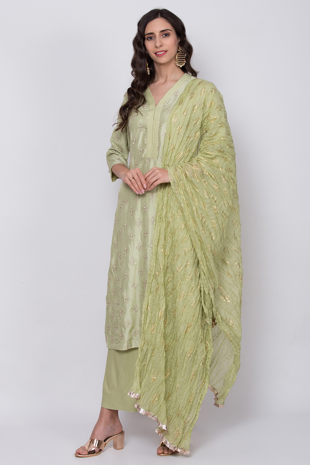 Green Cotton Silk Straight Kurta Palazzo Suit Set image number 2