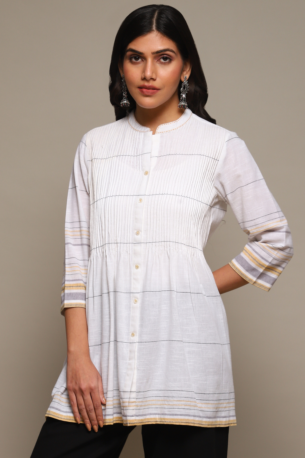 White & Yellow Cotton Yarndyed Kurti image number 5