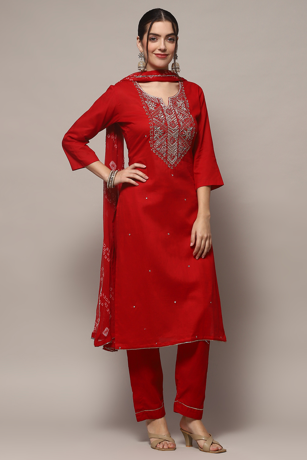 Red Cotton Unstitched Suit set image number 7