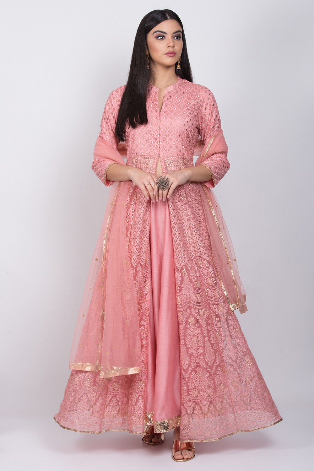 Dusky Pink Front Open Anarkali Kurta Lehenga Suit Set image number 0