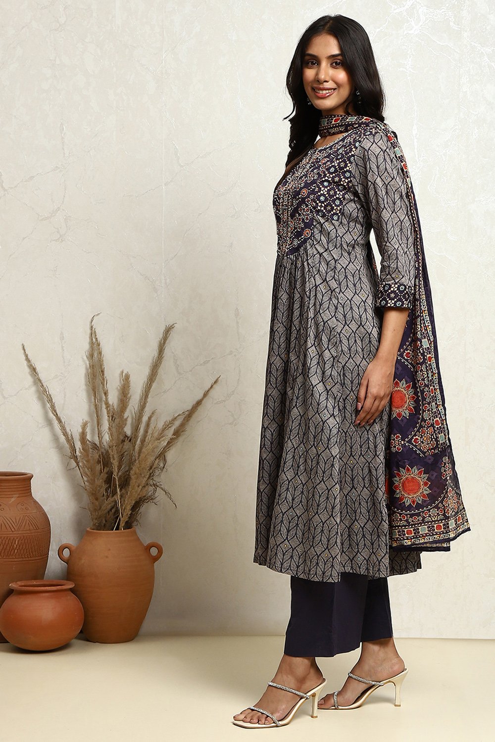 Mustard Yellow Cotton Printed Flared Festive Suit Set image number 3