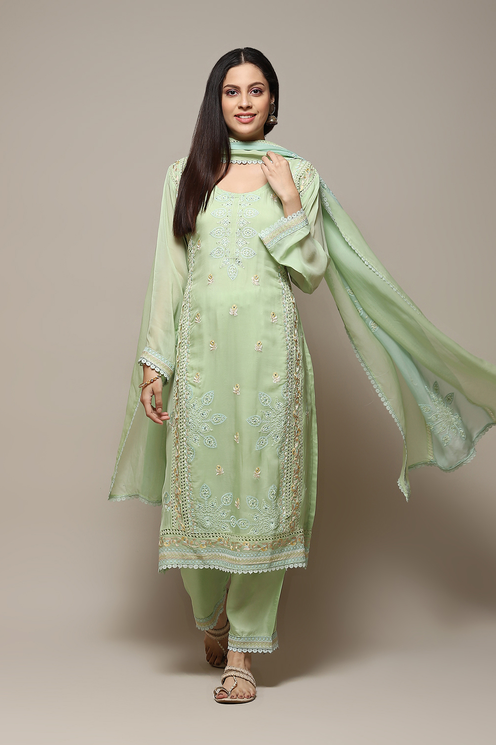 Green Organza Digital Print Unstitched Suit Set image number 1